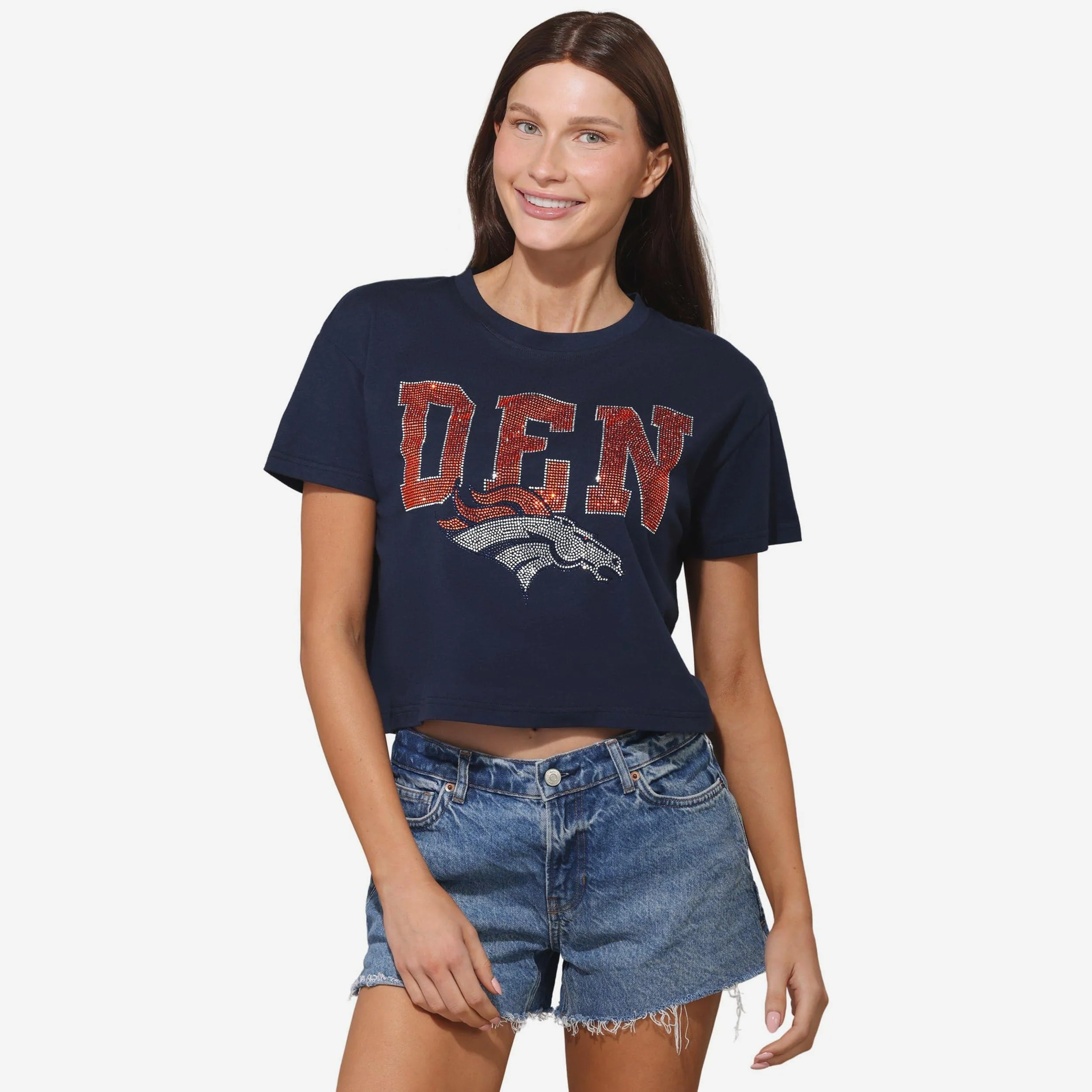 Denver Broncos Womens Rhinestone Logo Crop Top