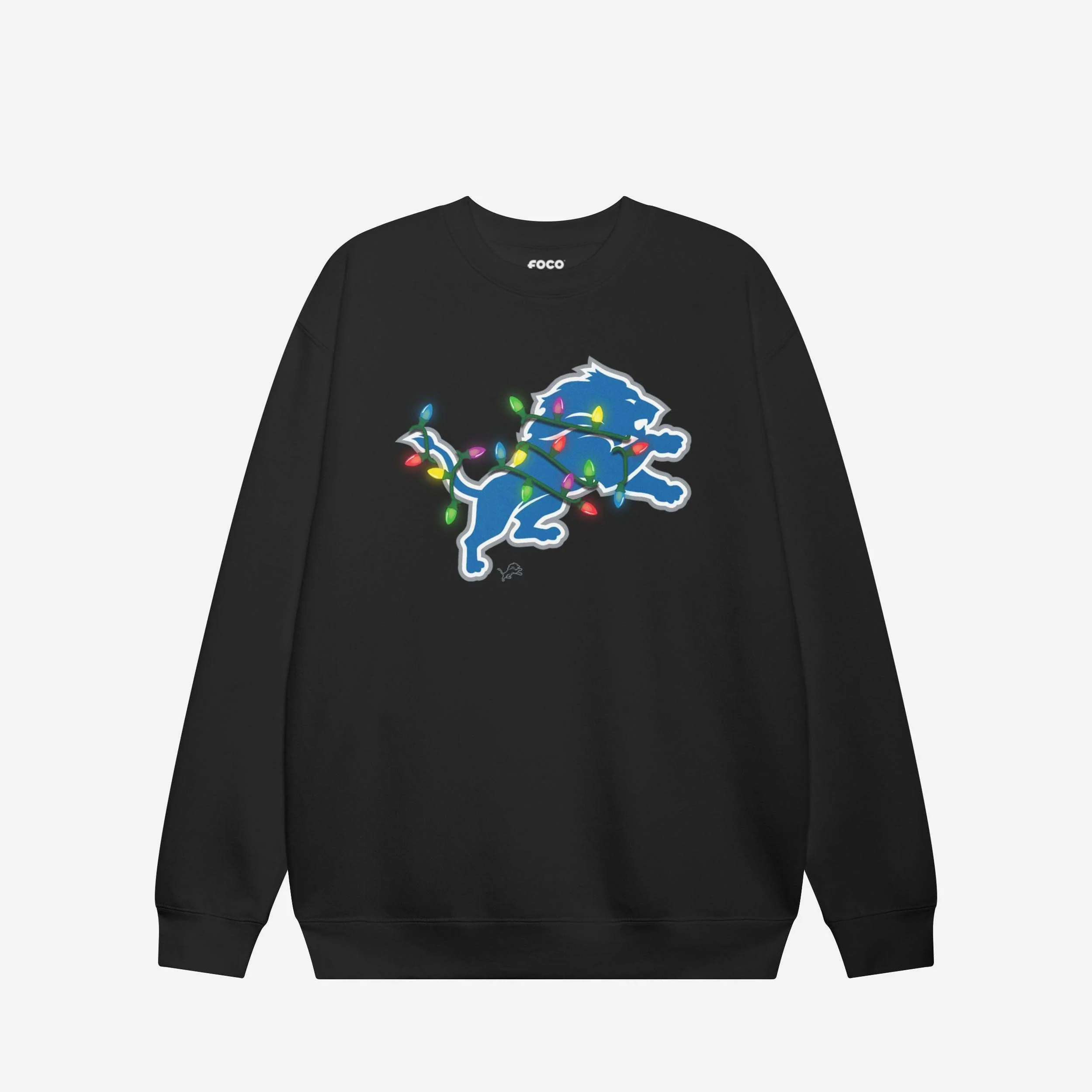 Detroit Lions Primary Logo Holiday Lights Crew Neck Sweatshirt