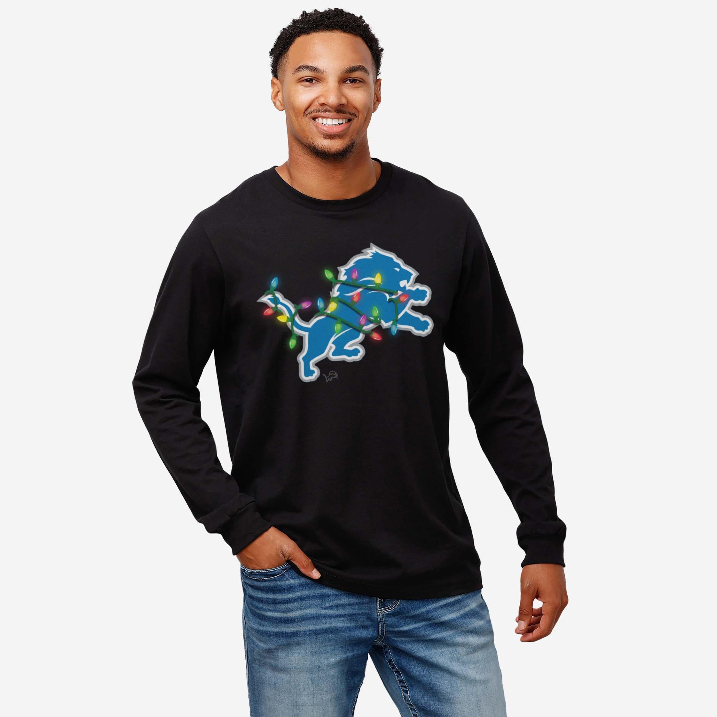 Detroit Lions Primary Logo Holiday Lights Long Sleeve T-Shirt - Image 2