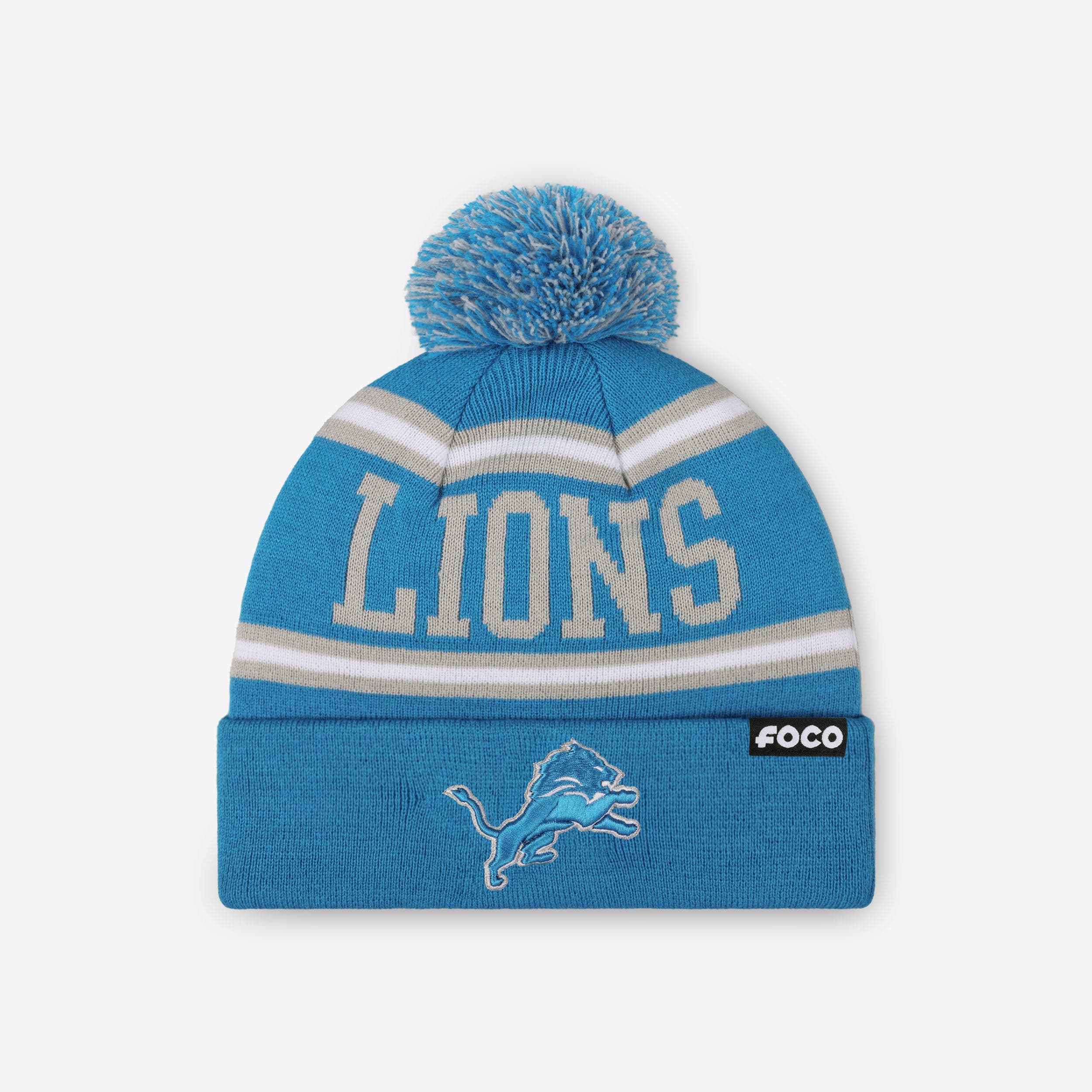 Detroit Lions Primary Logo Stripe Pom Beanie