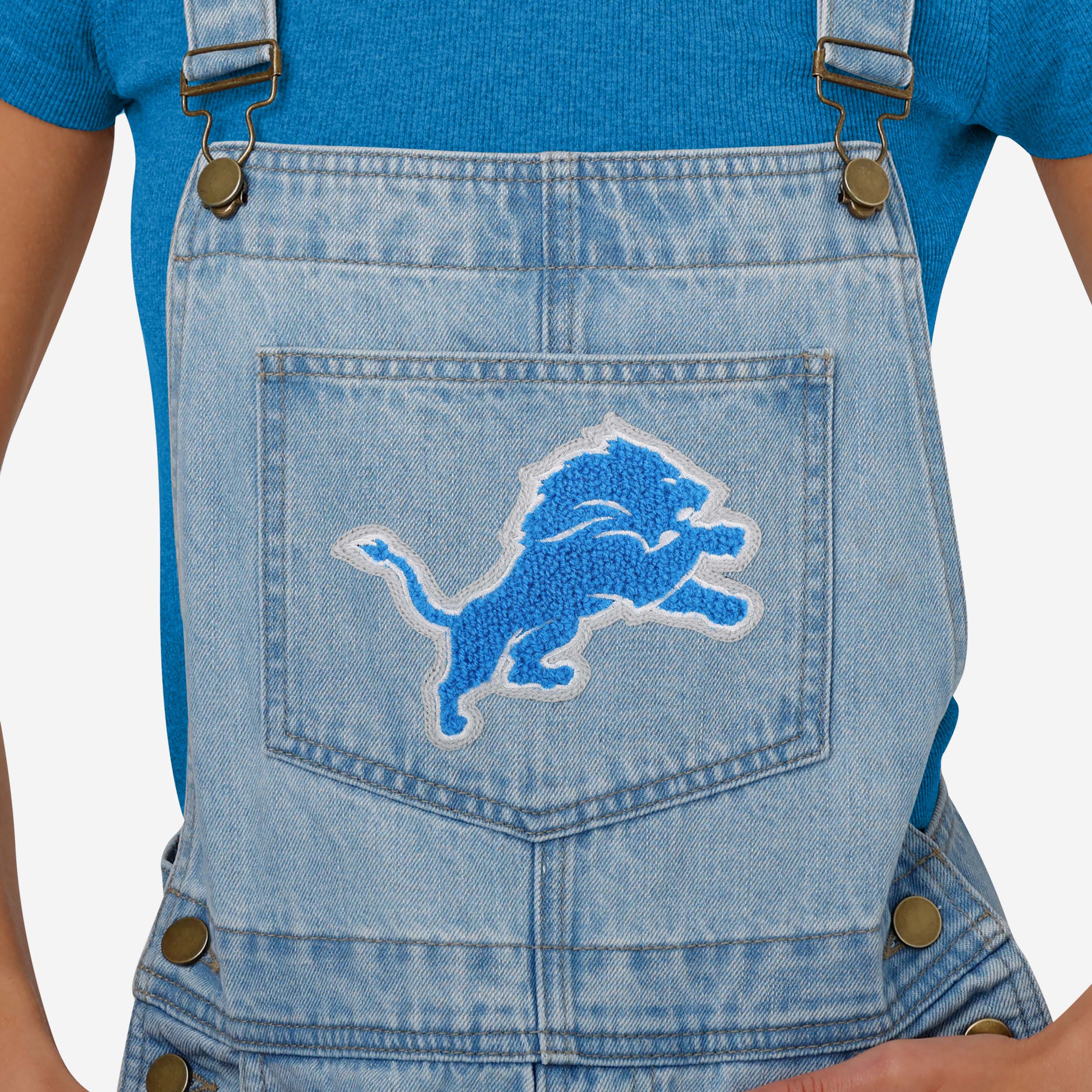 Detroit Lions Womens Big Logo Denim Bib Shortalls - Image 3