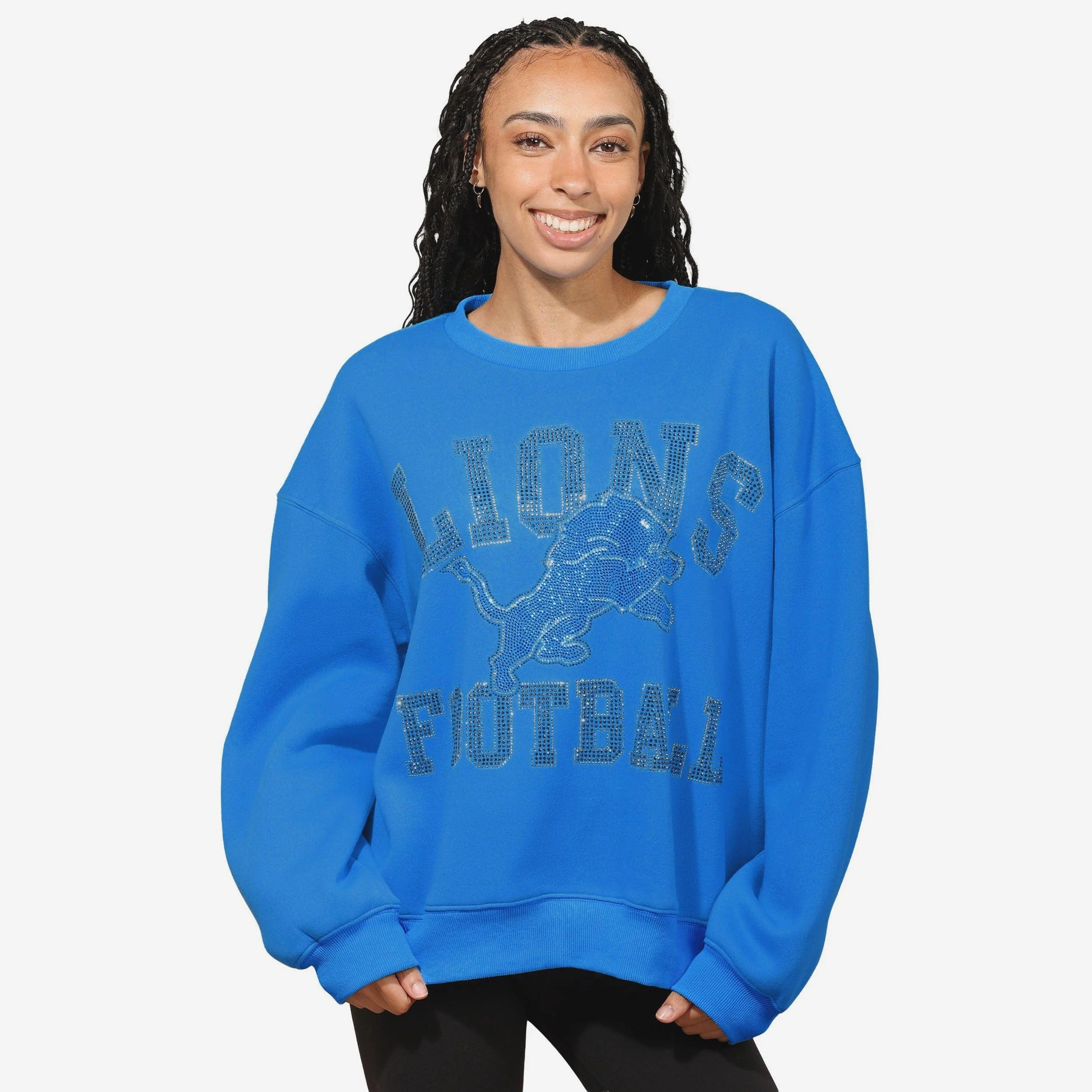 Detroit Lions Womens Rhinestone Logo Oversized Crew Neck Sweatshirt