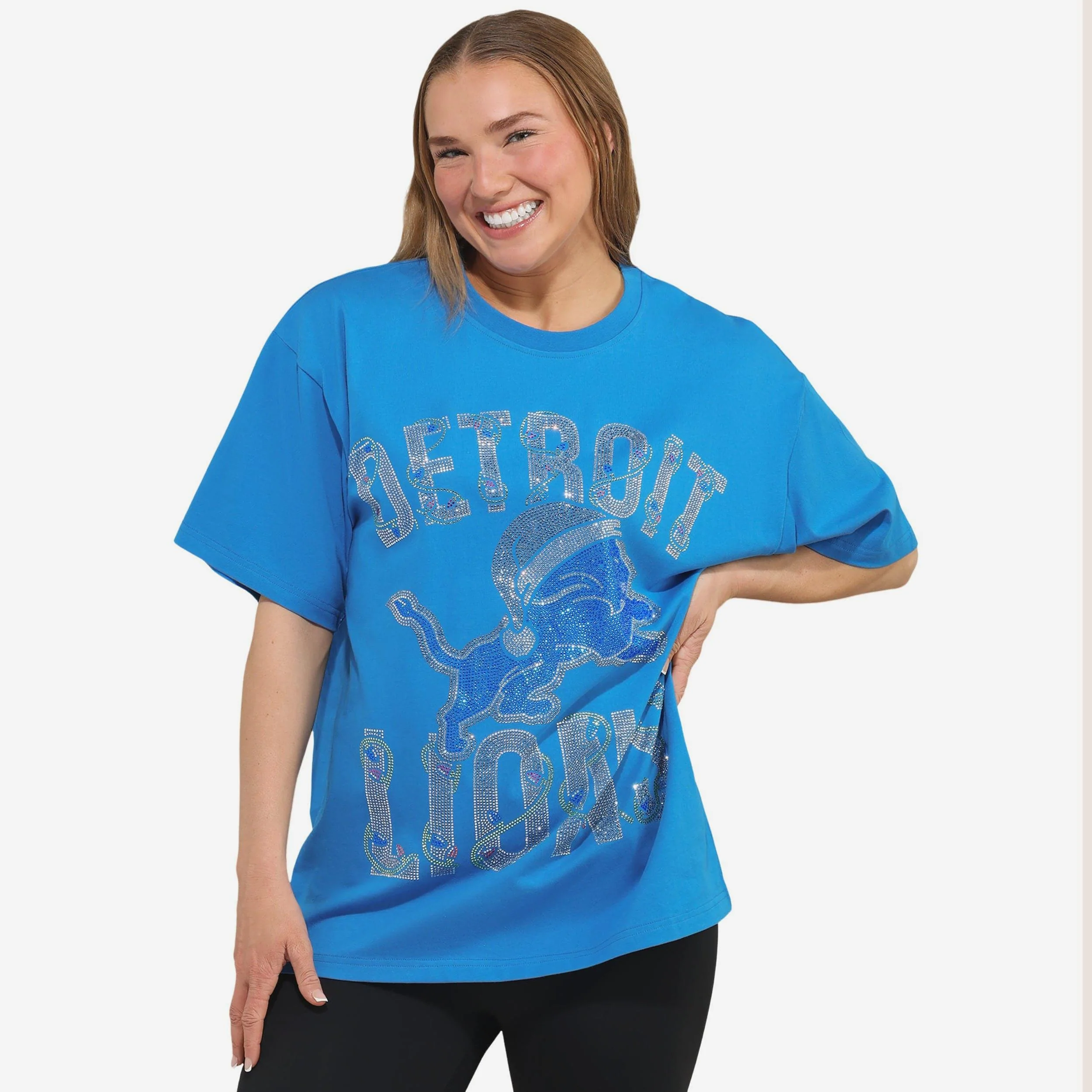 Detroit Lions Womens Rhinestone Logo Oversized Holiday T-Shirt