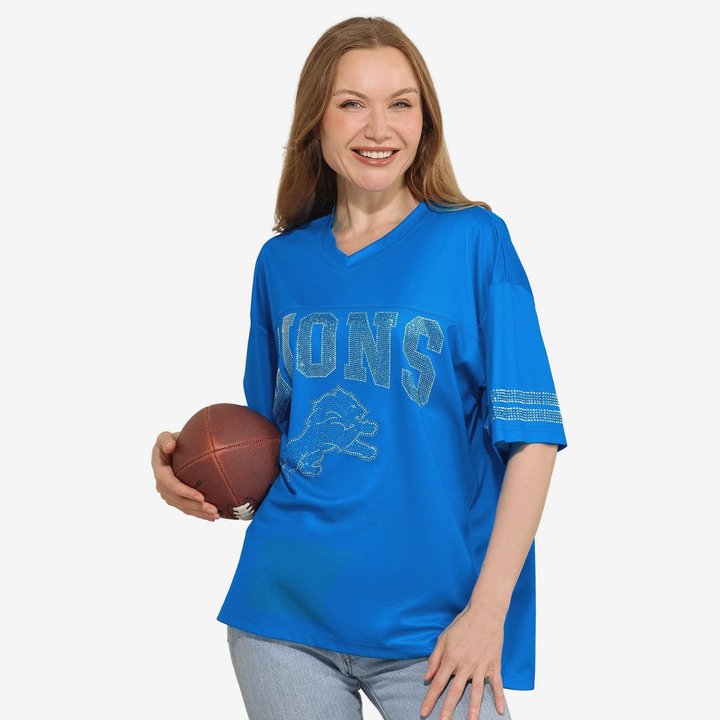 Detroit Lions Womens Rhinestone Logo Oversized V-Neck Mesh T-Shirt