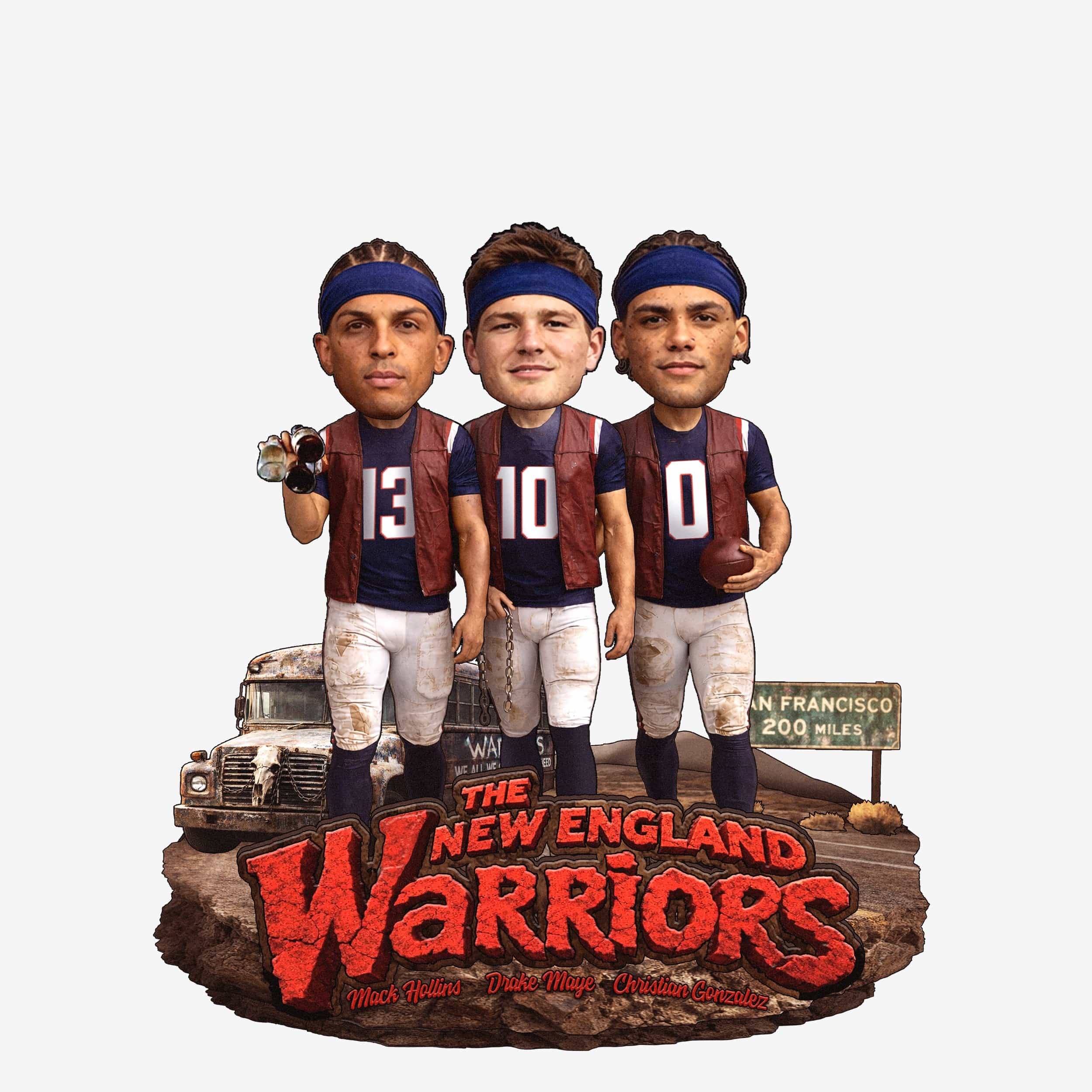 Drake Maye & Christian Gonzalez & Mack Hollins Warriors Mini Scene Bobblehead