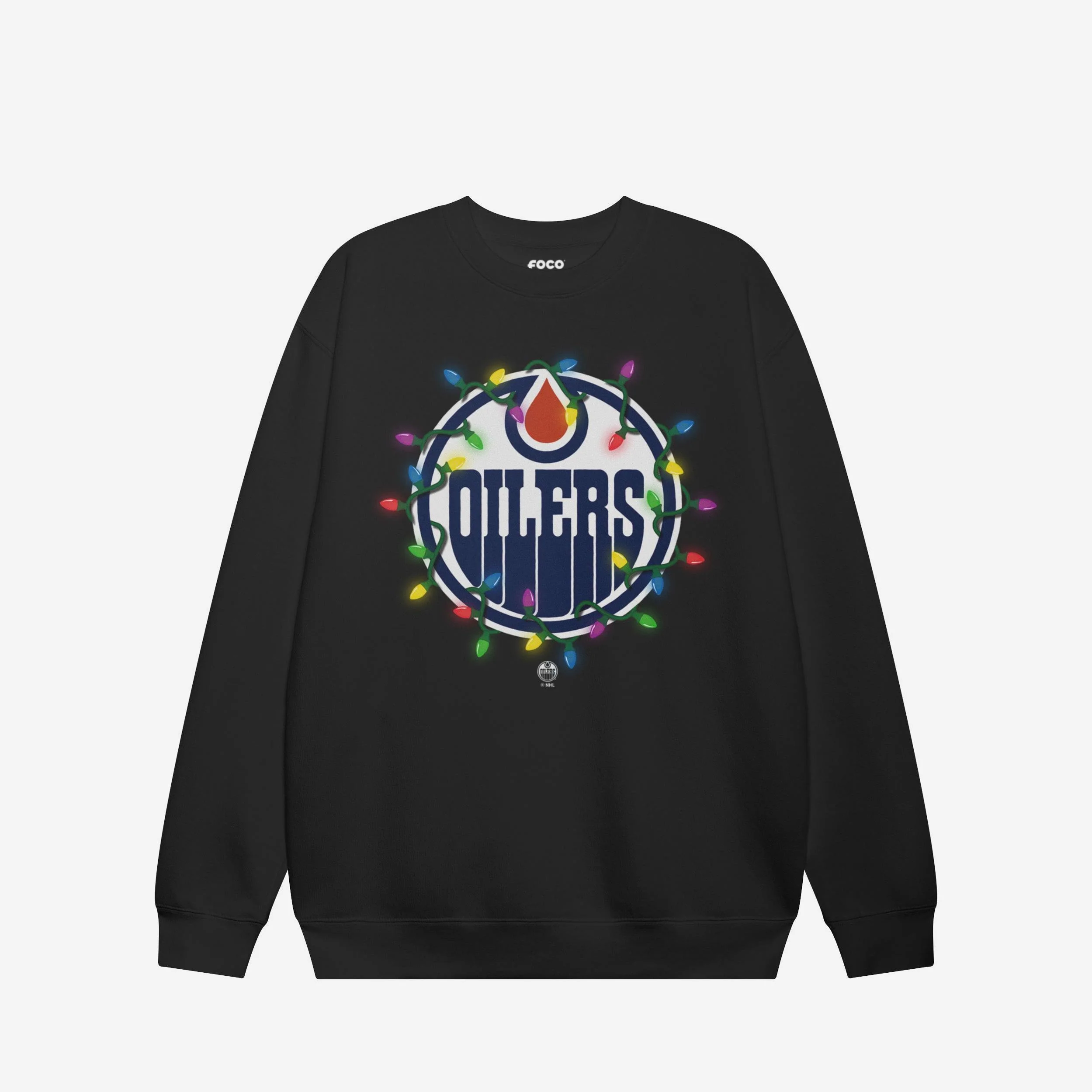 Edmonton Oilers Primary Logo Holiday Lights Crew Neck Sweatshirt