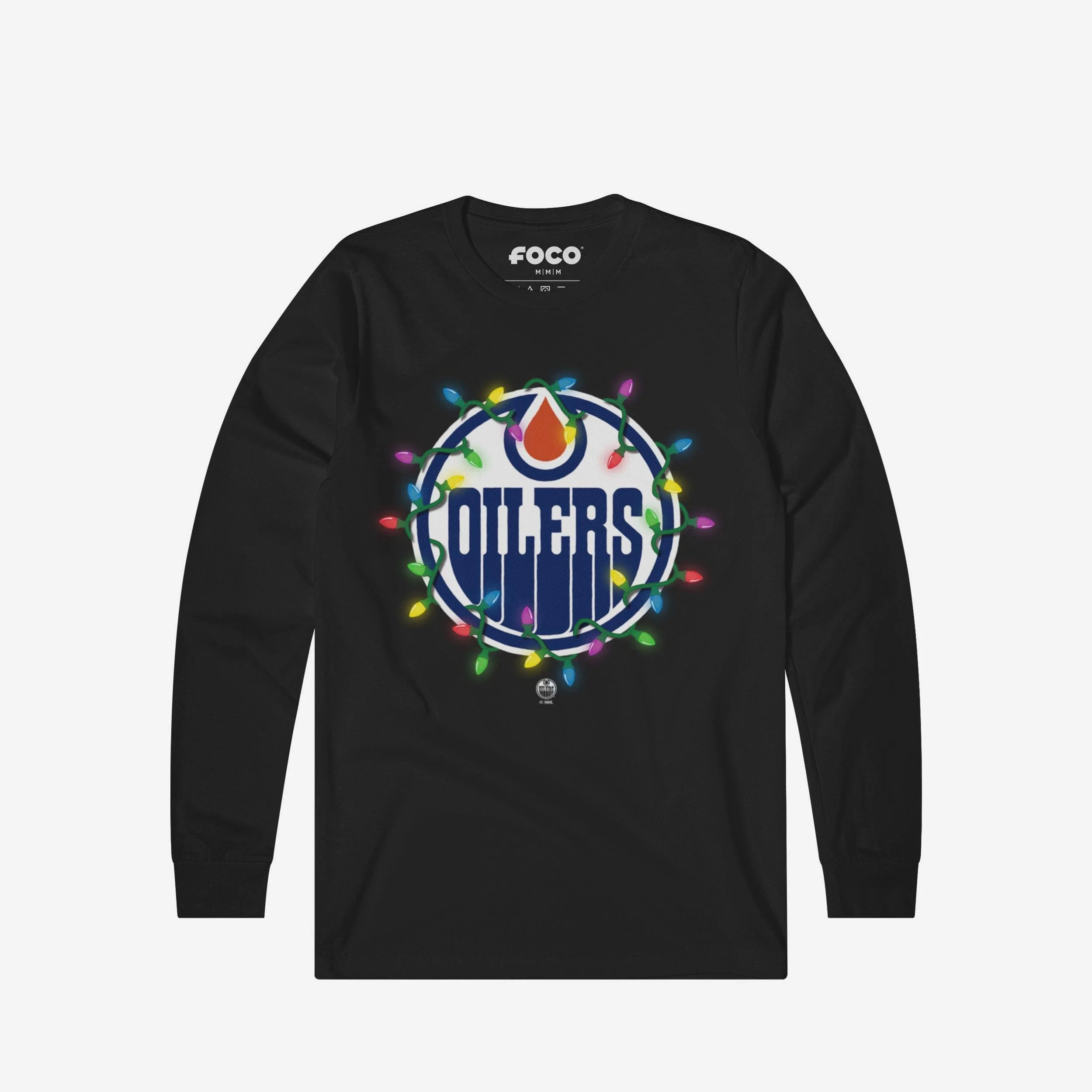 Edmonton Oilers Primary Logo Holiday Lights Long Sleeve T-Shirt
