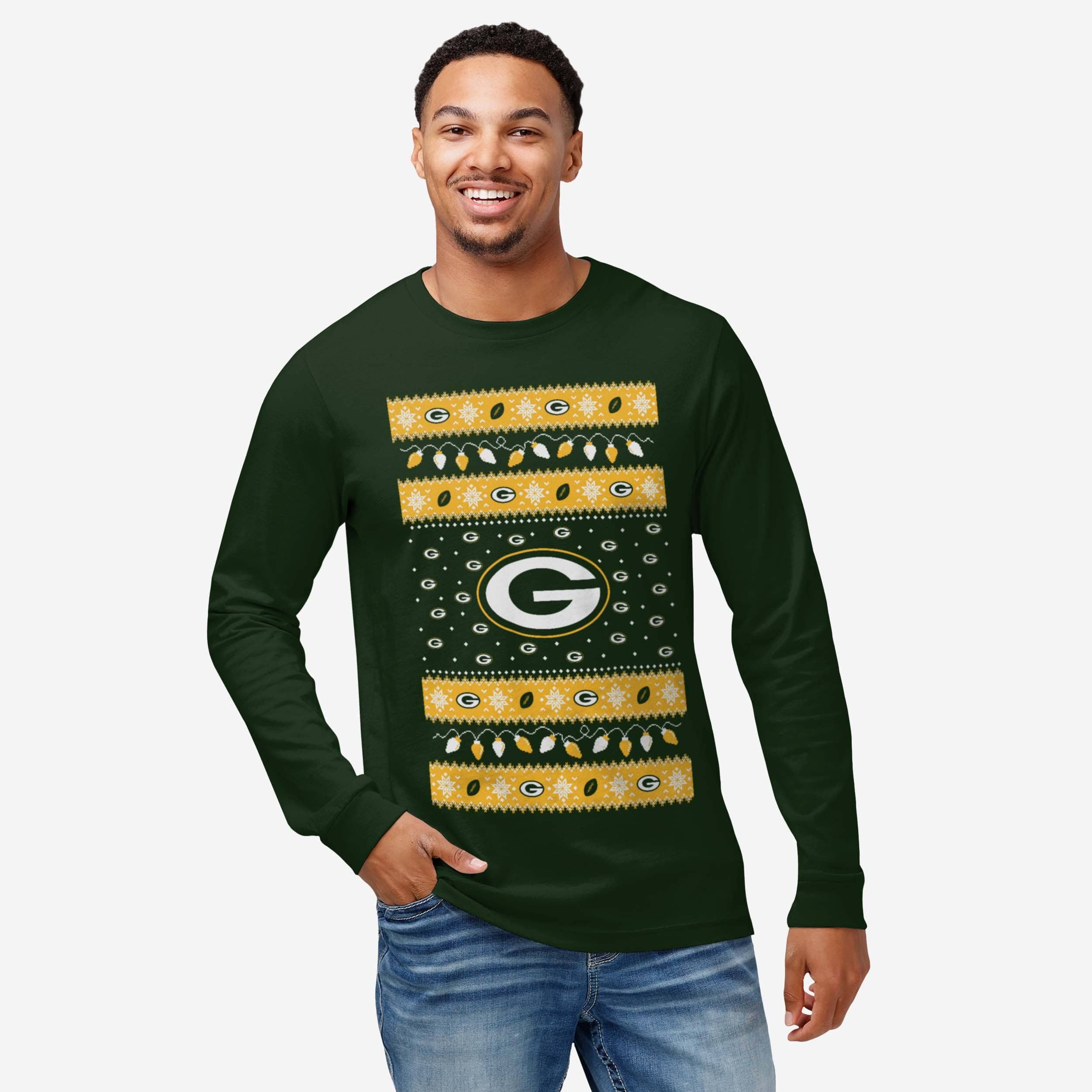 Green Bay Packers Holiday Lights Sweater Long Sleeve T-Shirt - Image 2
