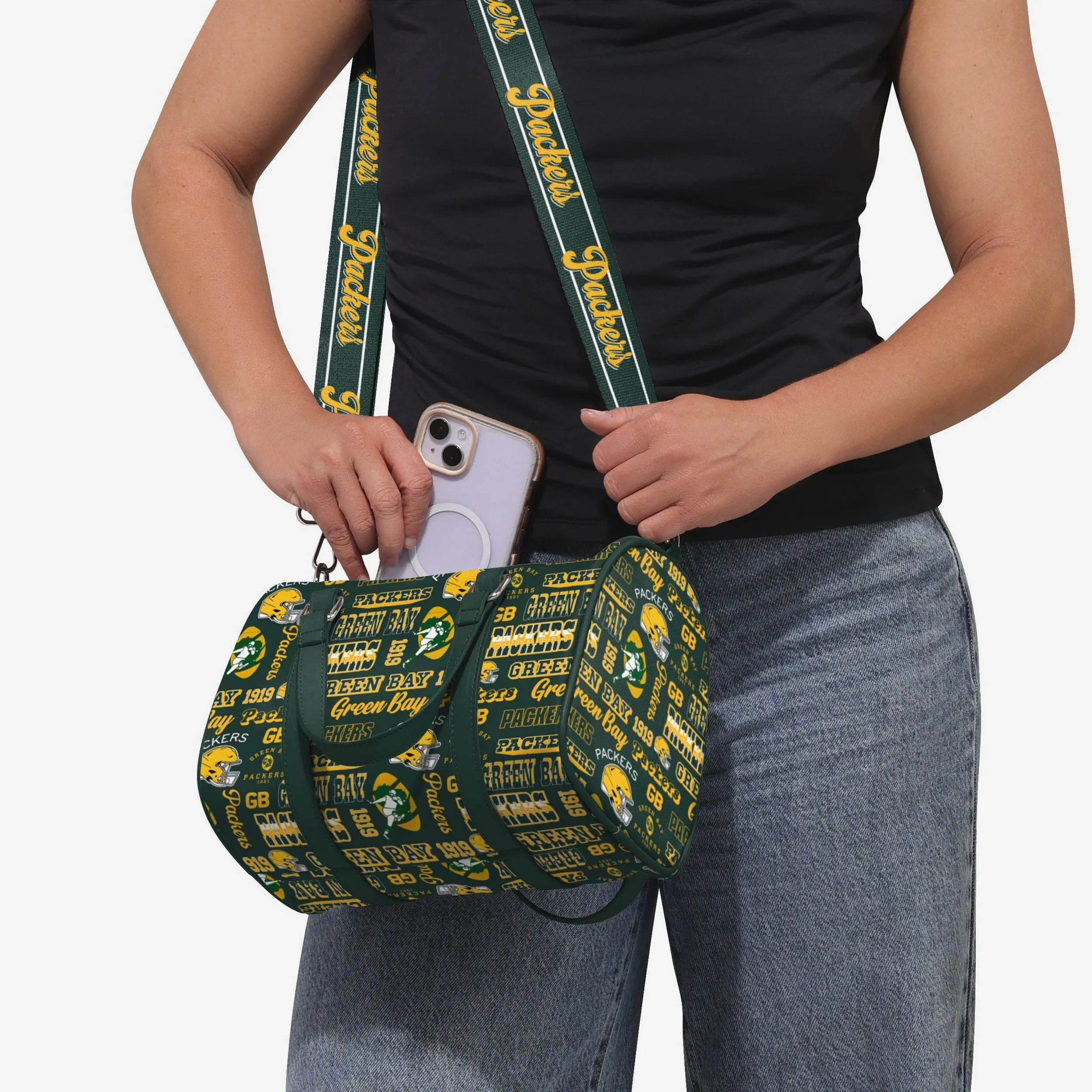 Green Bay Packers Repeat Retro Print Nylon Medium Barrel Bag - Image 3