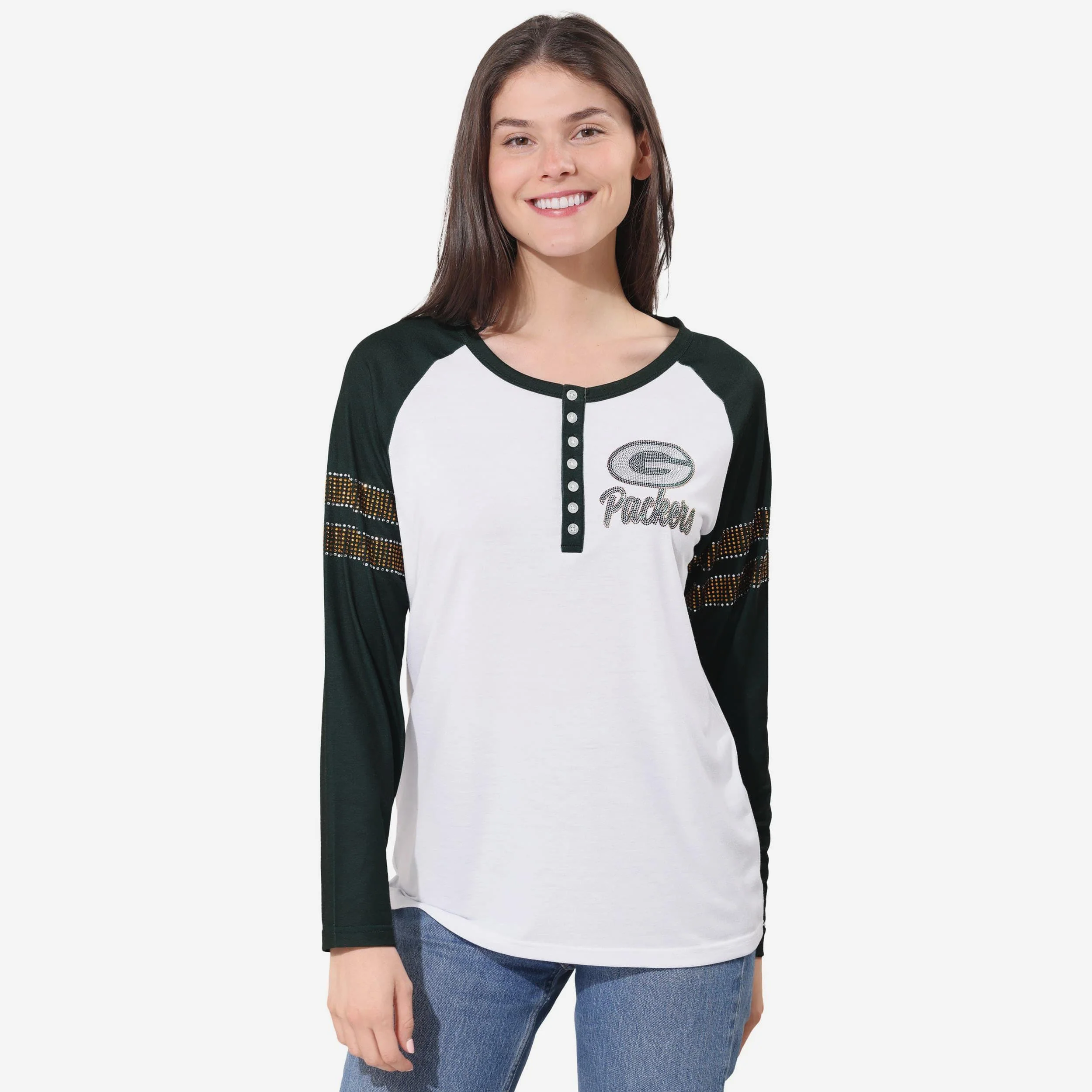 Green Bay Packers Rhinestone Long Sleeve Henley