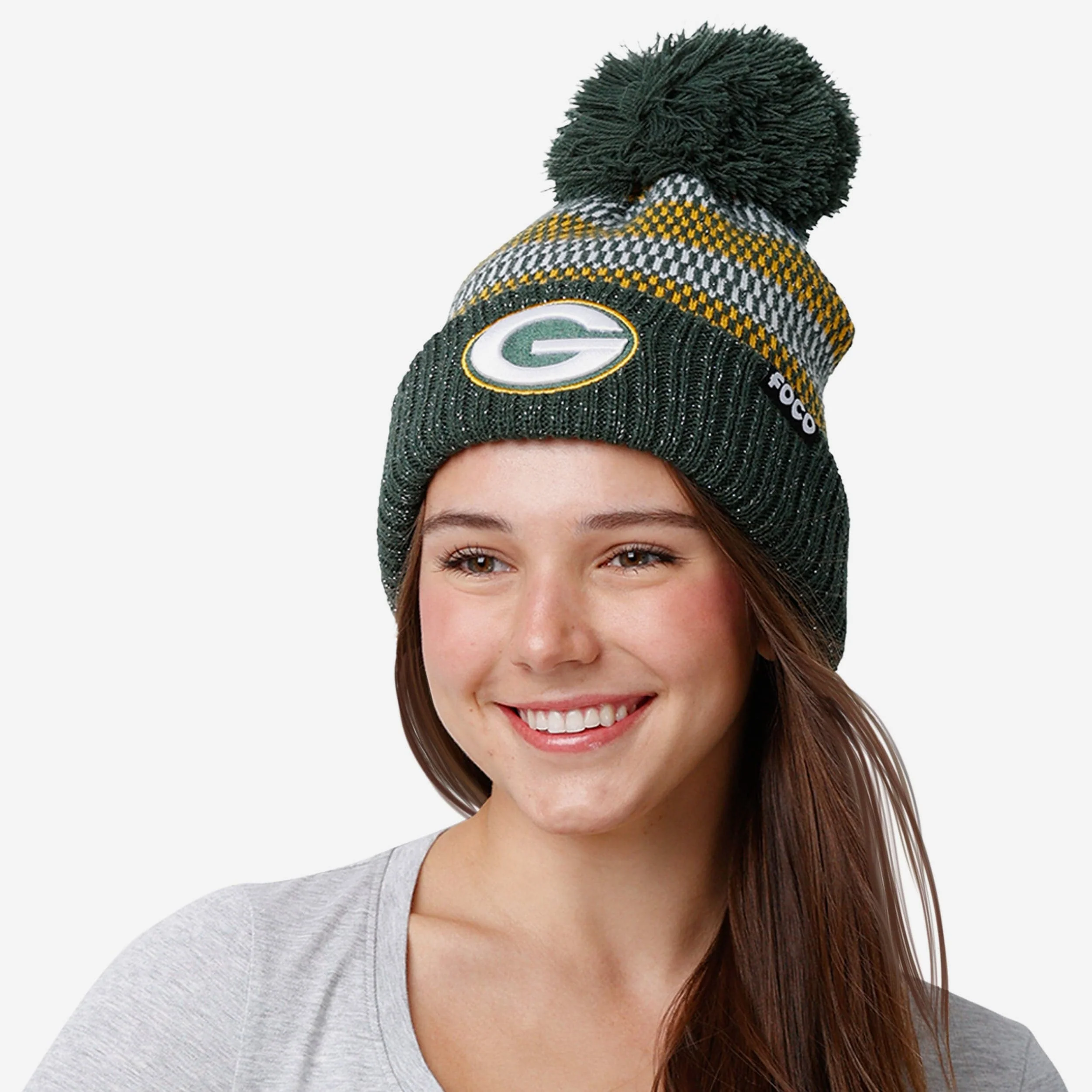 Green Bay Packers Womens Cozy Knit Metallic Thread Pom Beanie - Image 3