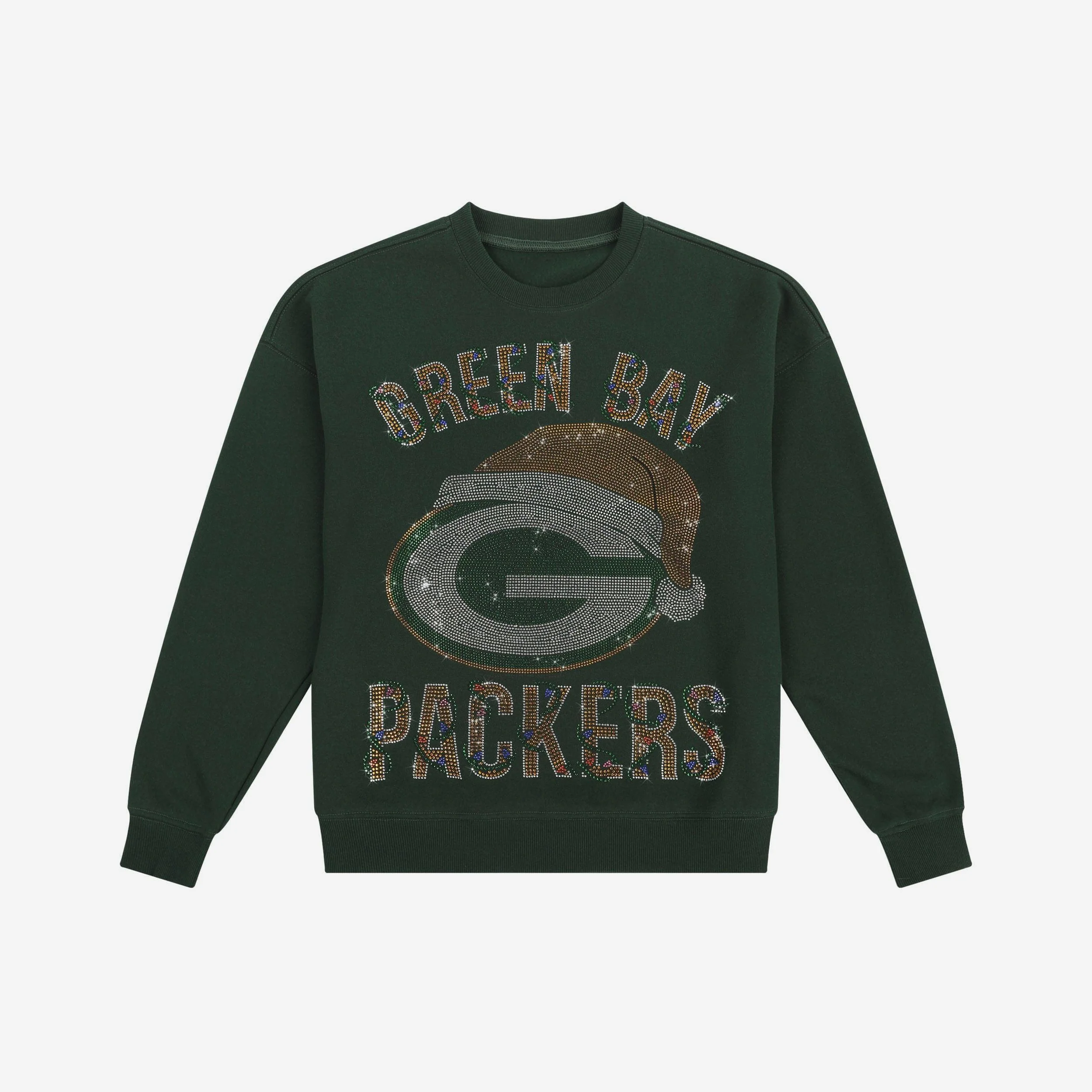 Green Bay Packers Womens Rhinestone Logo Oversized Holiday Crew Neck Sweatshirt - Image 4