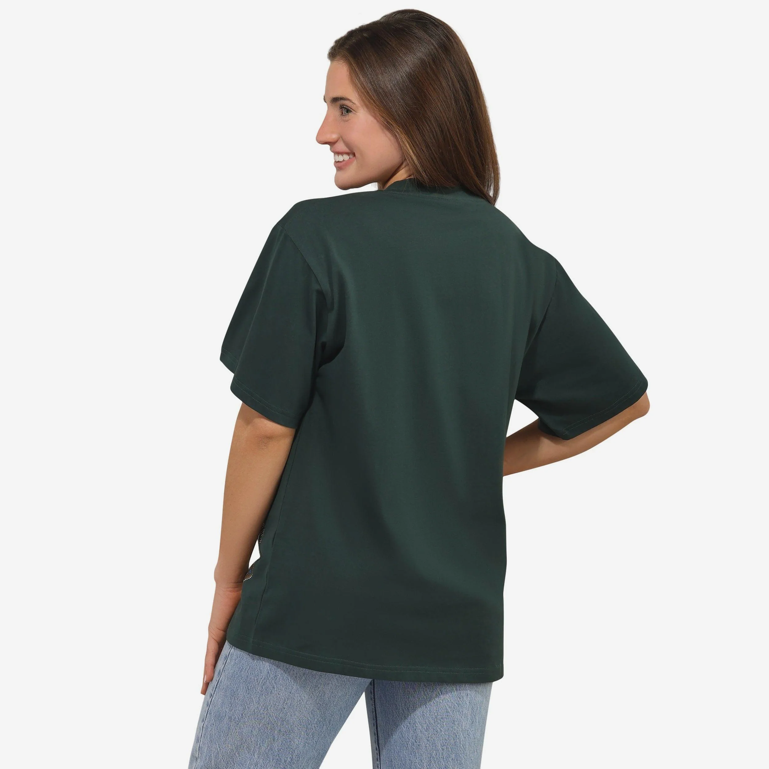 Green Bay Packers Womens Rhinestone Logo Oversized Holiday T-Shirt - Image 2