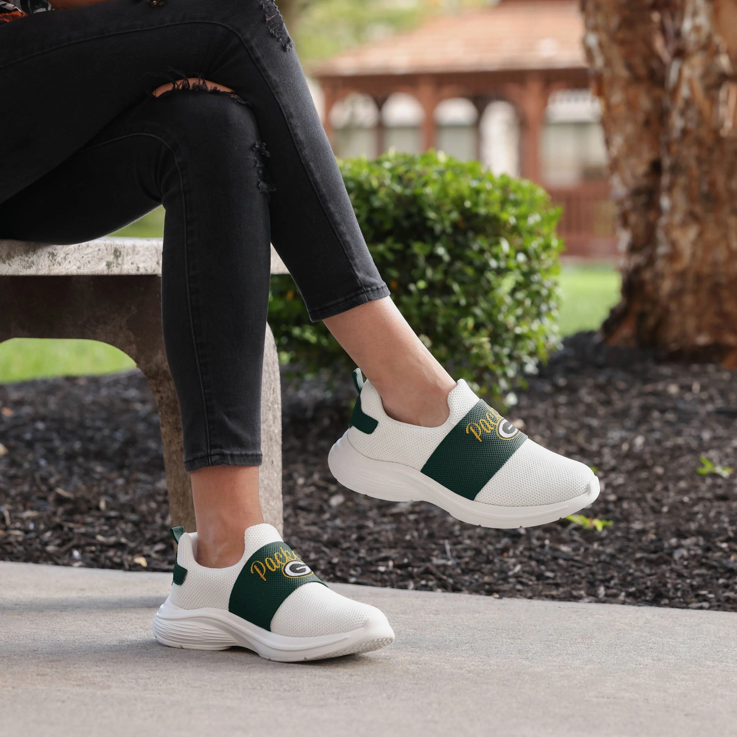 Green Bay Packers Womens Script Wordmark White Slip On Sneakers - Image 3