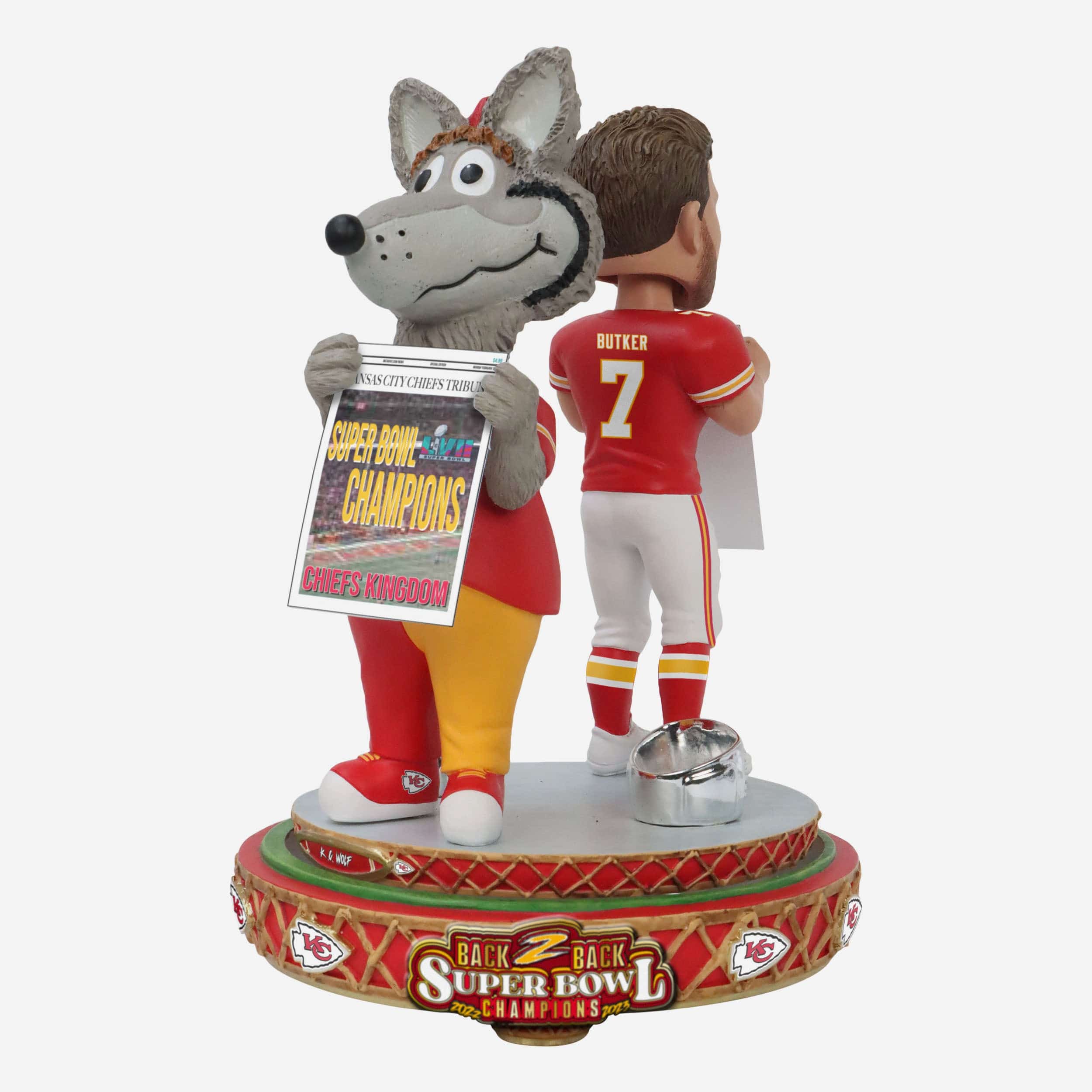 Harrison Butker & KC Wolf Kansas City Chiefs Super Bowl LVIII Champions Dual Spinner Bobblehead - Image 6