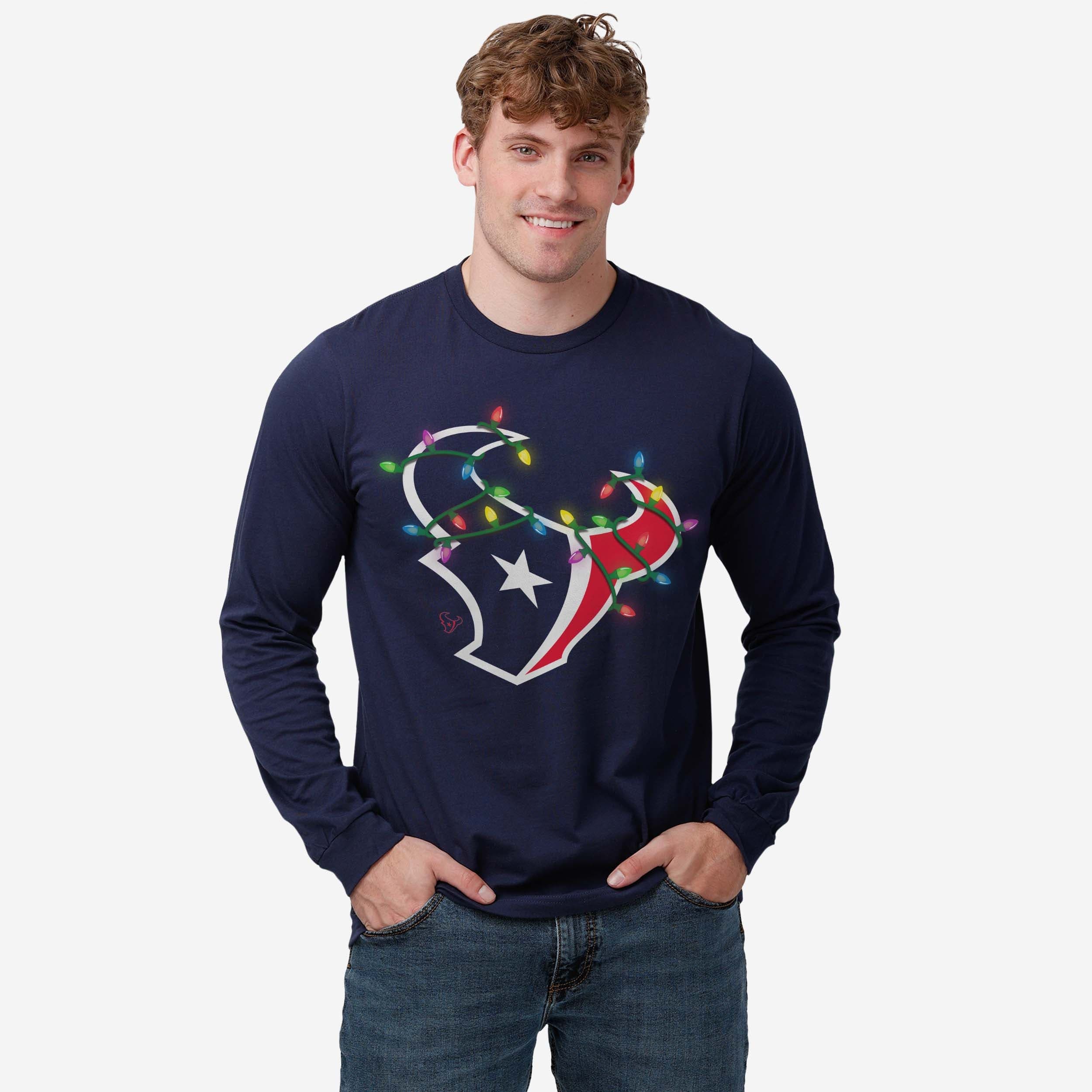 Houston Texans Primary Logo Holiday Lights Long Sleeve T-Shirt - Image 2