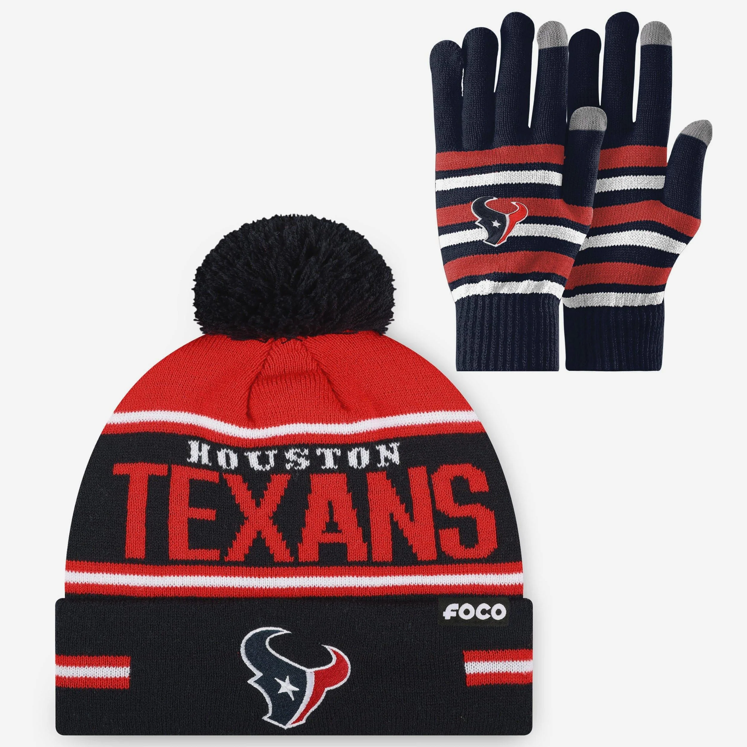 Houston Texans Stretch Glove & Big Wordmark Stripe Pom Beanie Set