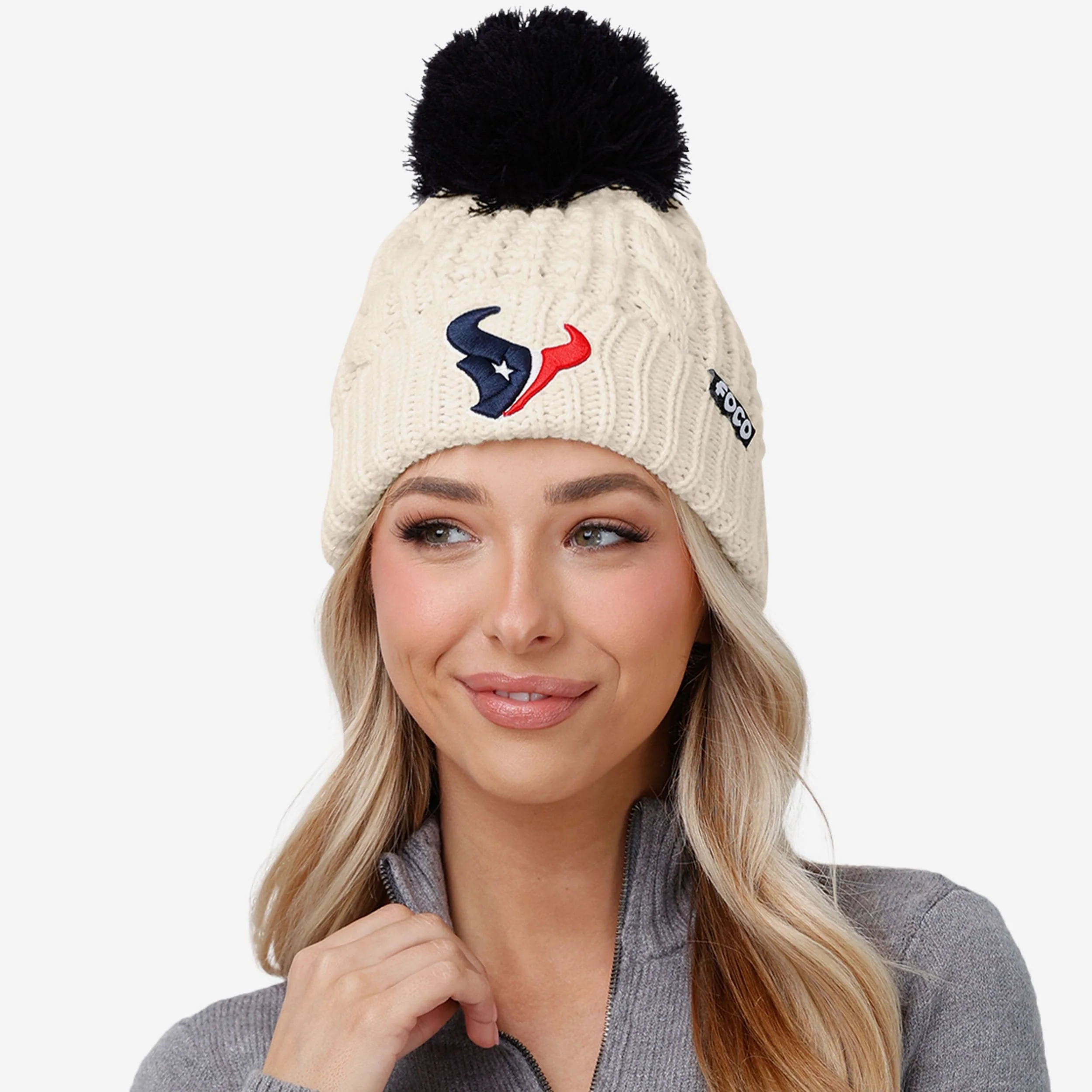 Houston Texans Womens Primary Logo White Cable Knit Pom Beanie - Image 3