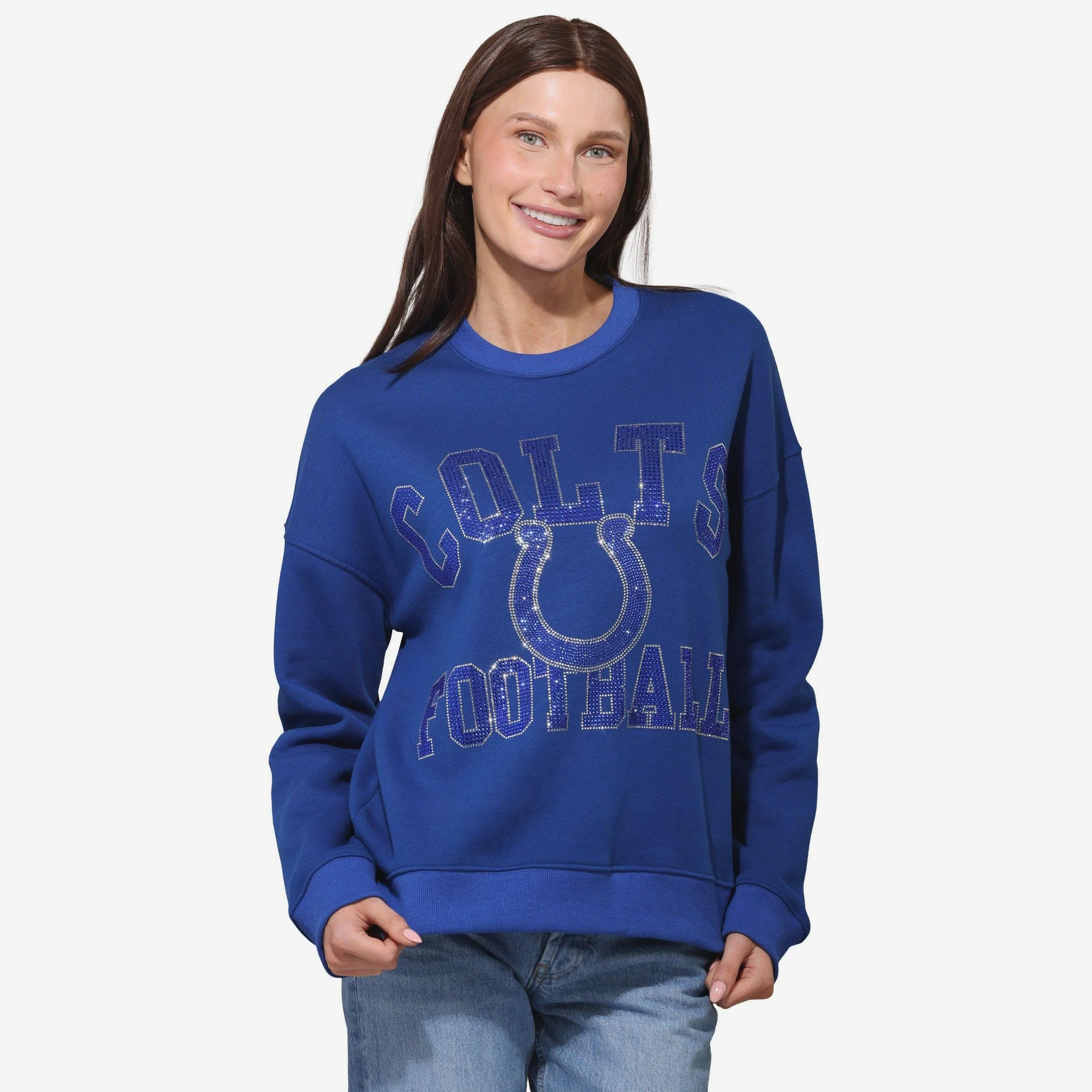 Indianapolis Colts Womens Rhinestone Logo Oversized Crew Neck Sweatshirt