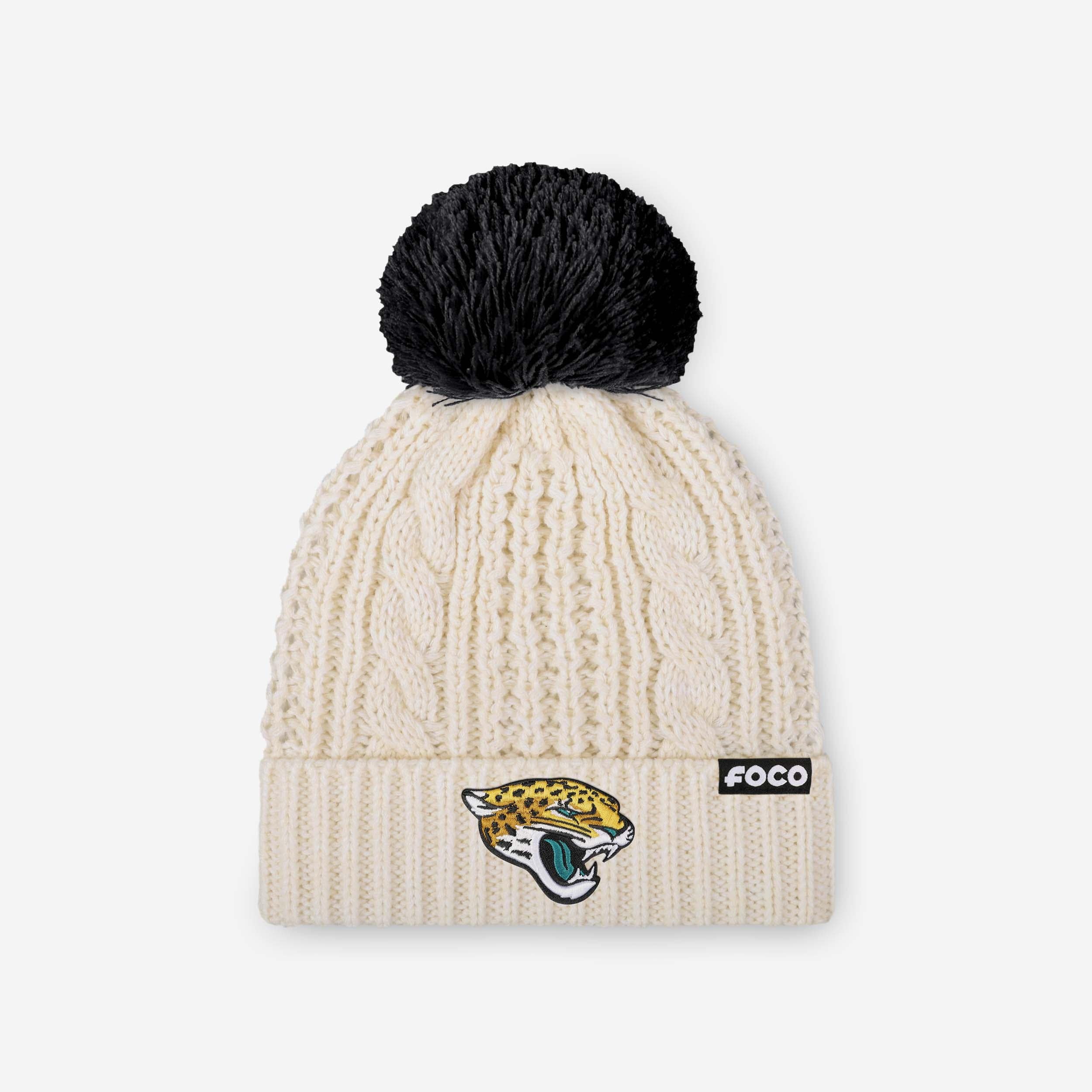 Jacksonville Jaguars Womens Primary Logo White Cable Knit Pom Beanie