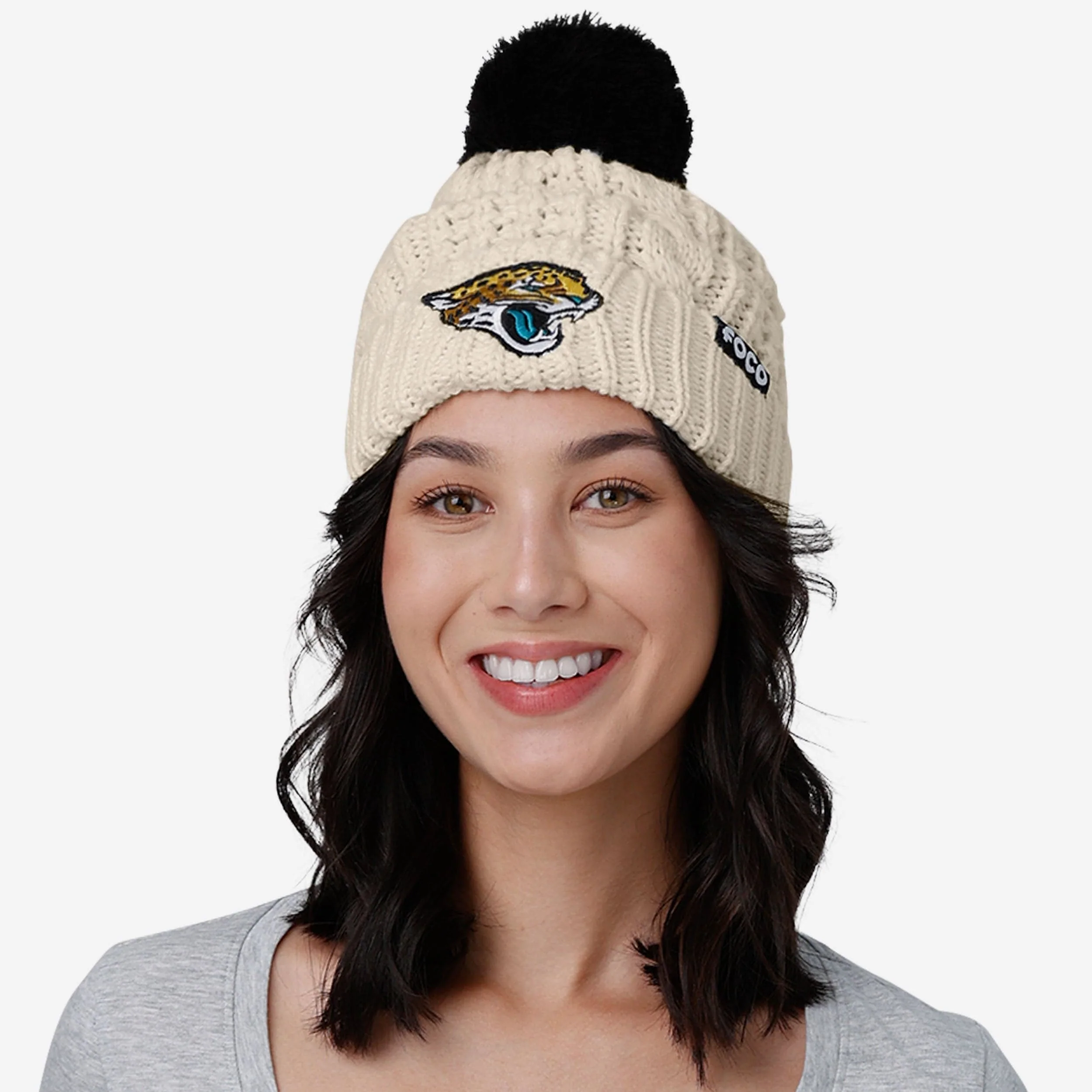 Jacksonville Jaguars Womens Primary Logo White Cable Knit Pom Beanie - Image 3