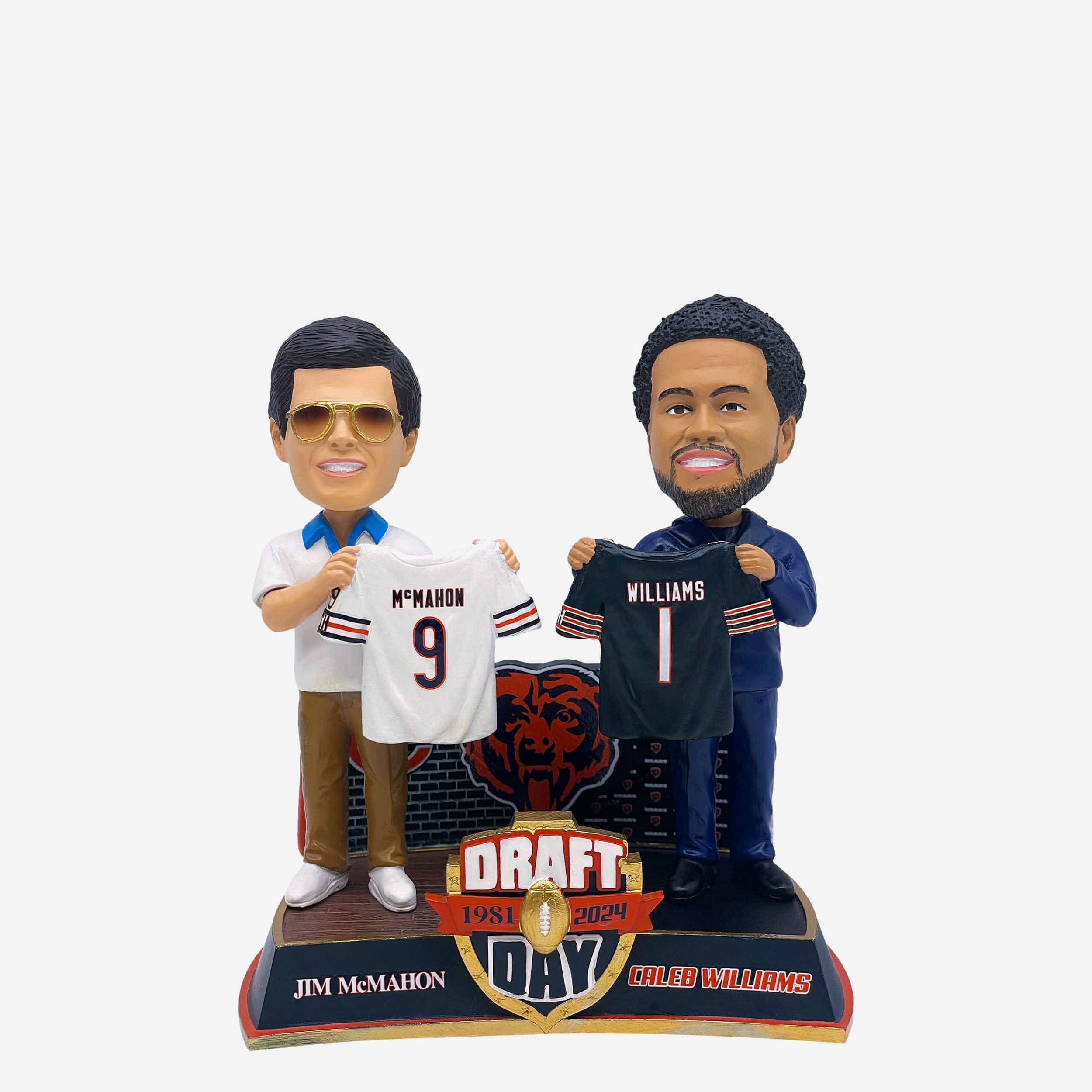 Jim McMahon & Caleb Williams Chicago Bears NFL Draft Then and Now Bobblehead