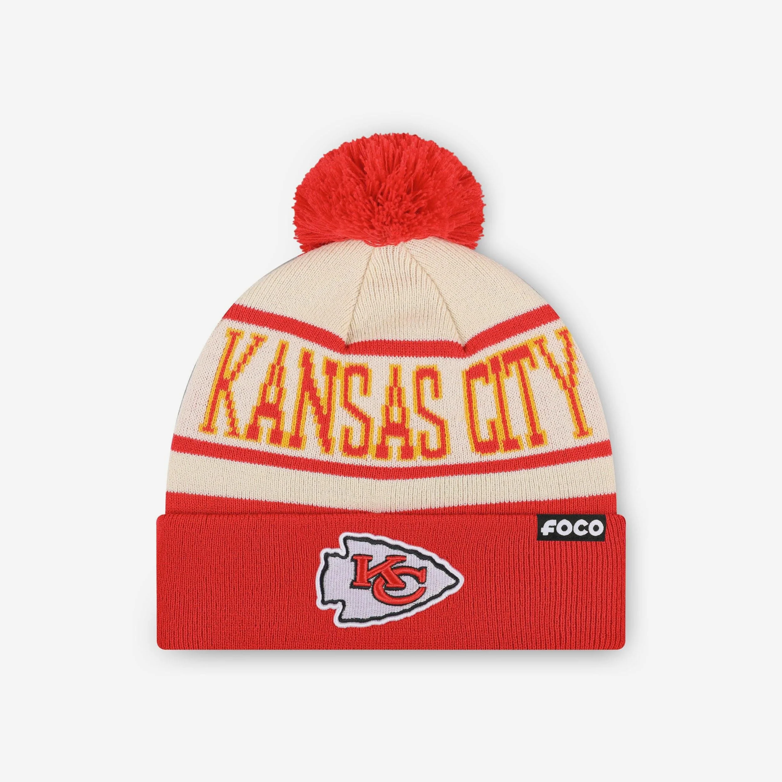 Kansas City Chiefs Heritage Stripe Primary Logo Pom Beanie