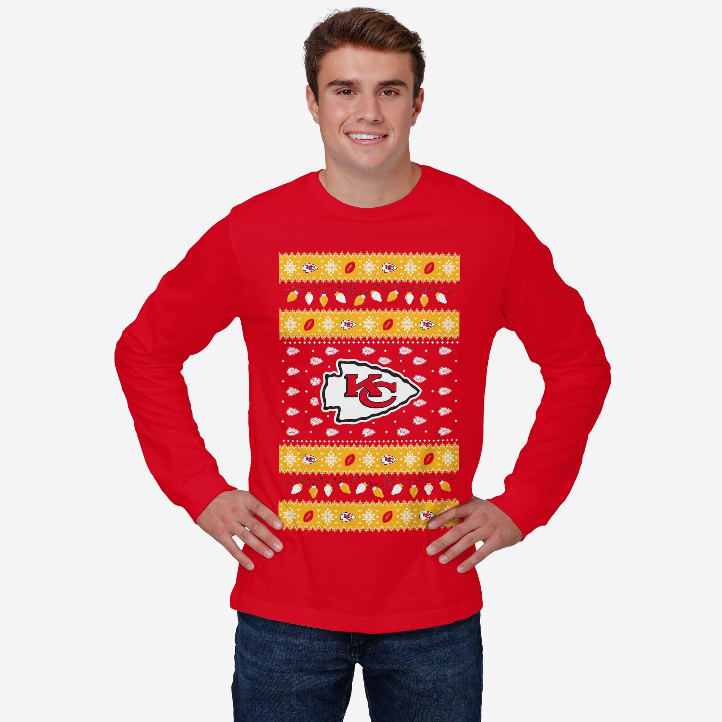 Kansas City Chiefs Holiday Lights Sweater Long Sleeve T-Shirt - Image 2