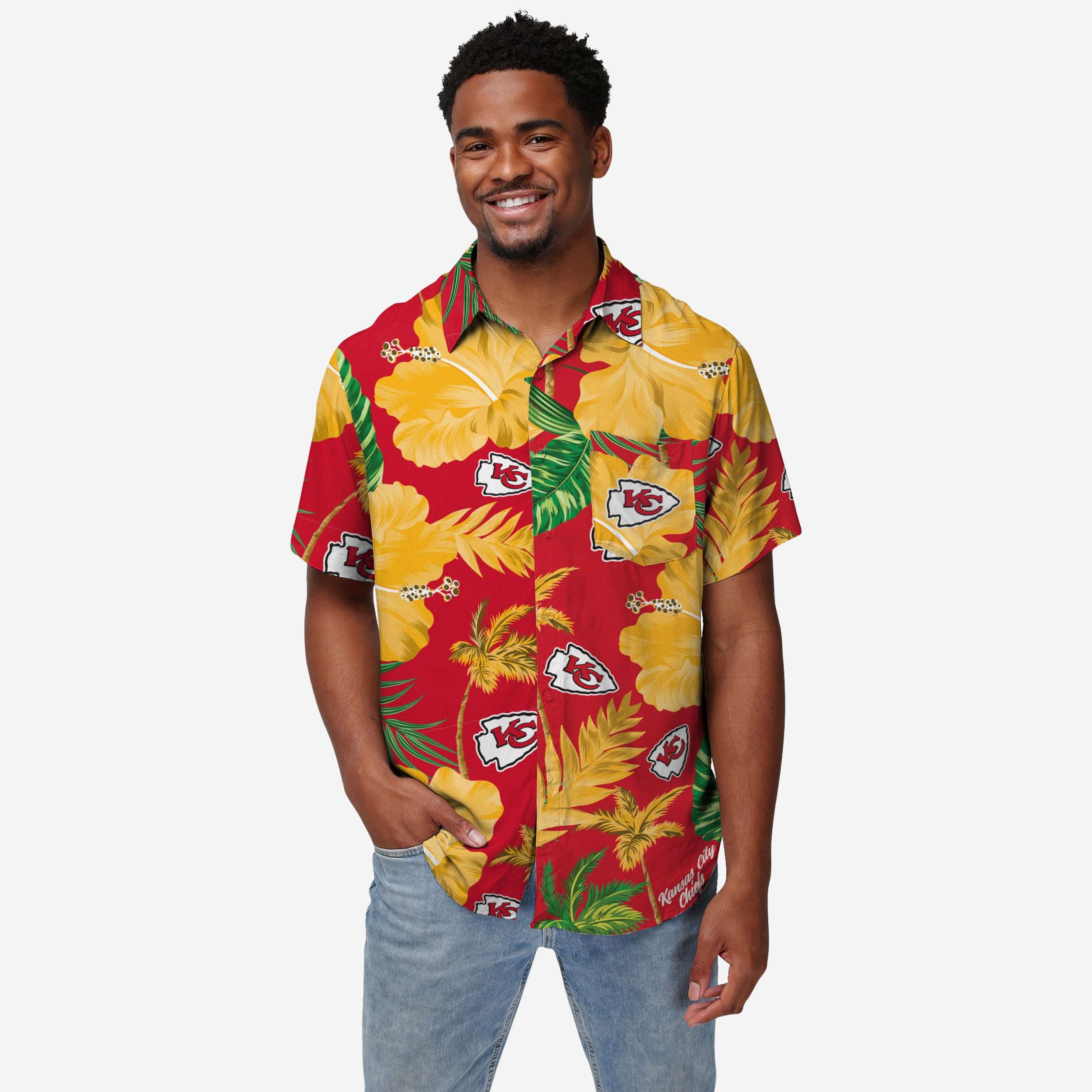 Kansas City Chiefs Team Color Hibiscus Button Up Shirt
