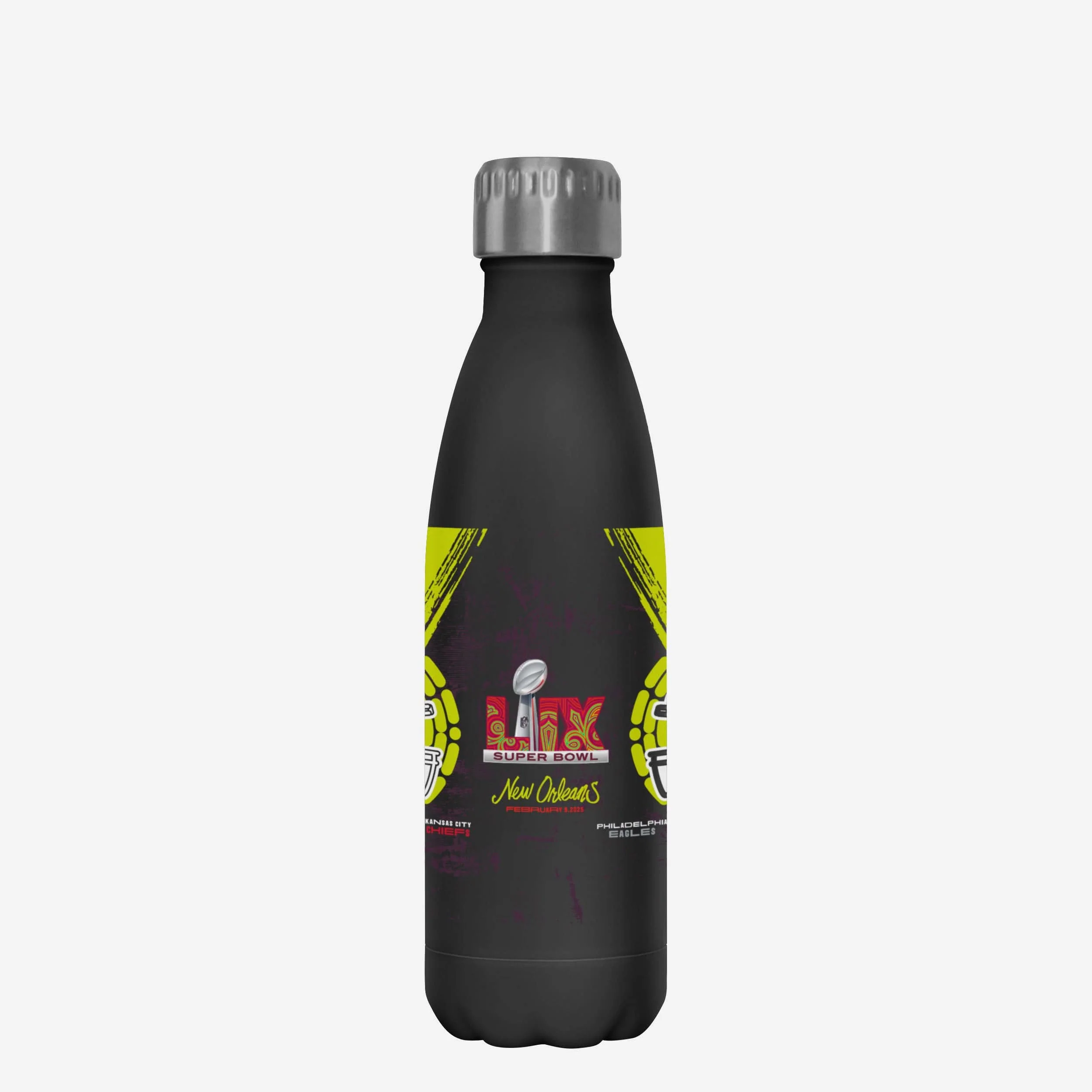 Kansas City Chiefs vs Philadelphia Eagles Super Bowl LIX Black 17 oz Stainless Steel Bottle