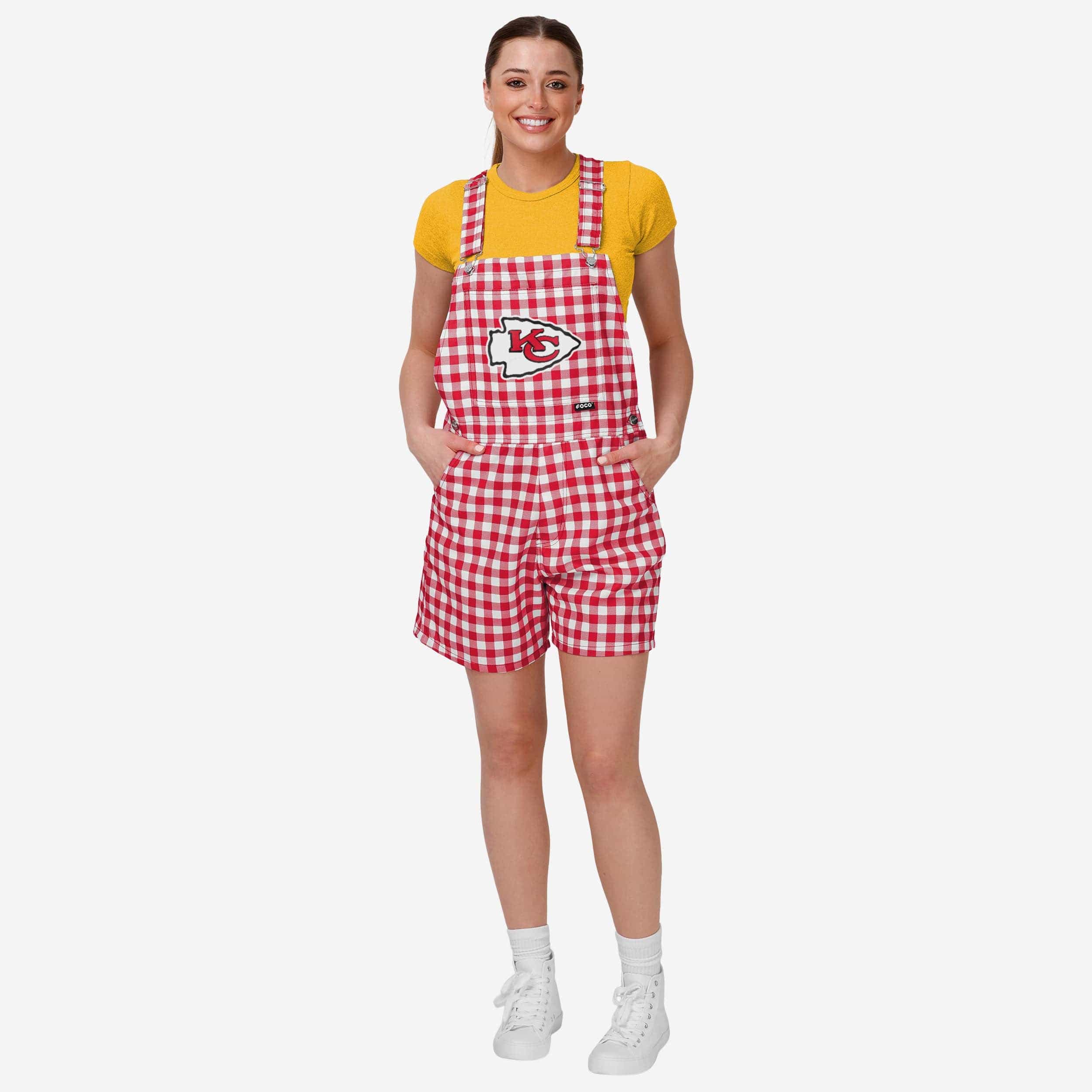 Kansas City Chiefs Womens Gingham Check Bib Shortalls
