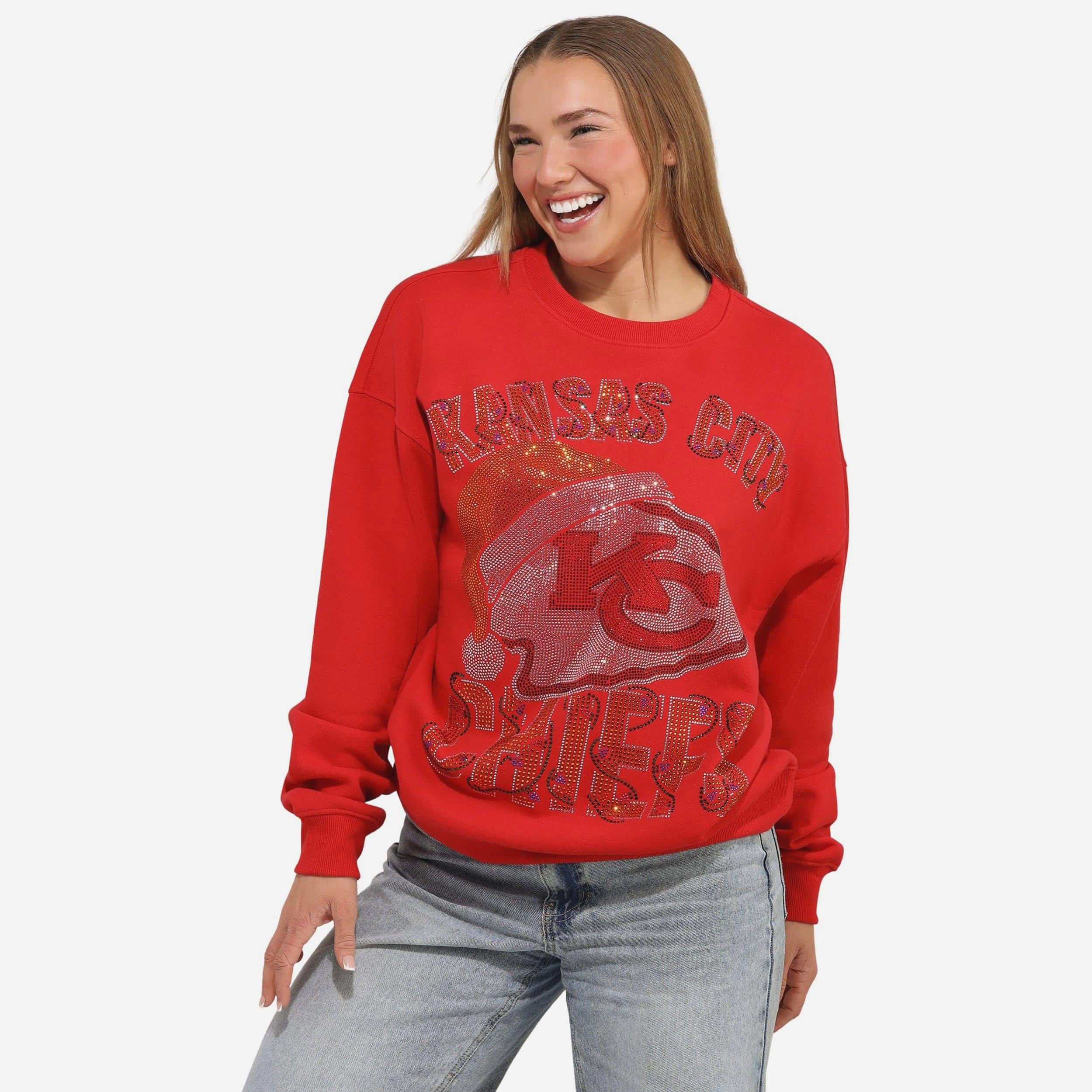 Kansas City Chiefs Womens Rhinestone Logo Oversized Holiday Crew Neck Sweatshirt
