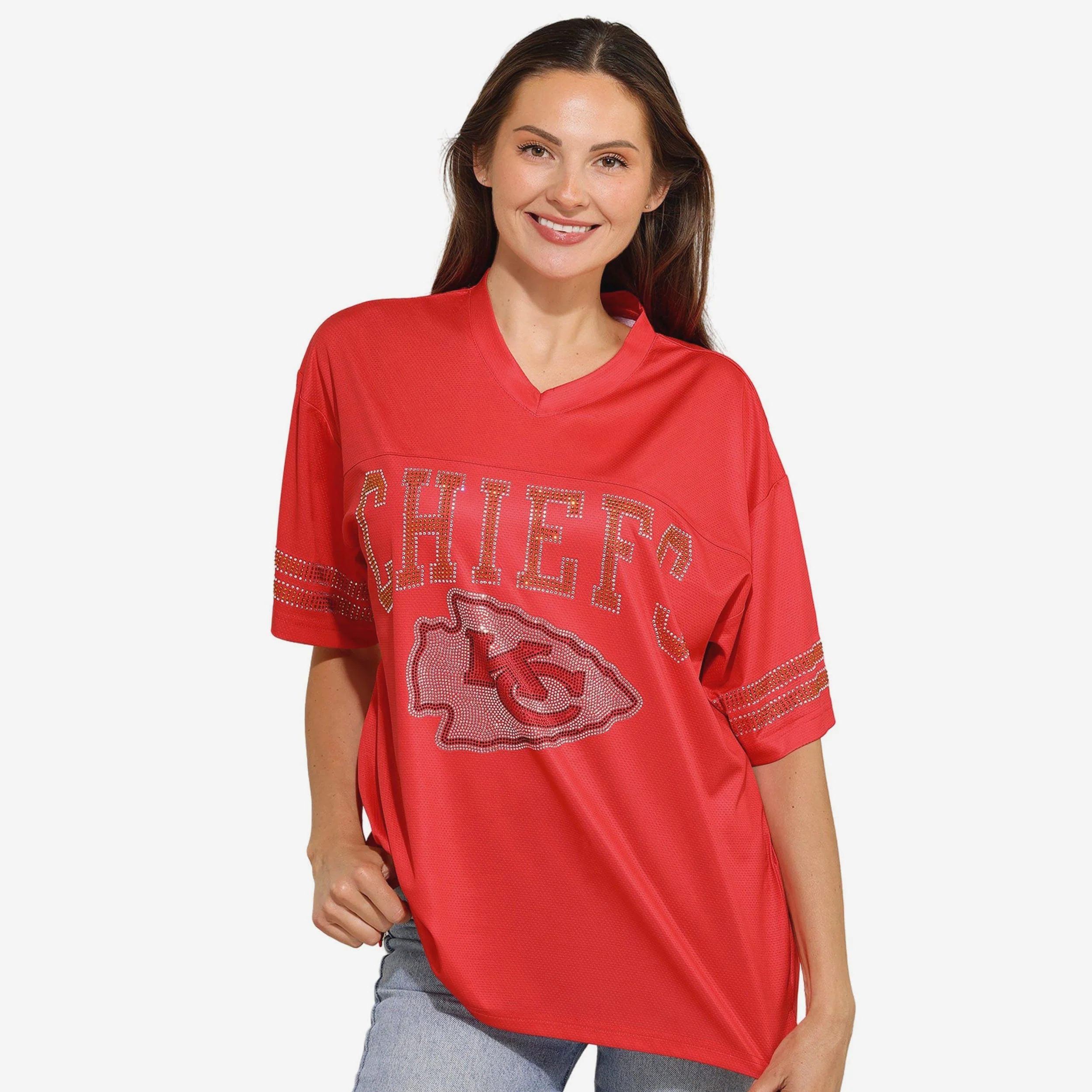 Kansas City Chiefs Womens Rhinestone Logo Oversized V-Neck Mesh T-Shirt