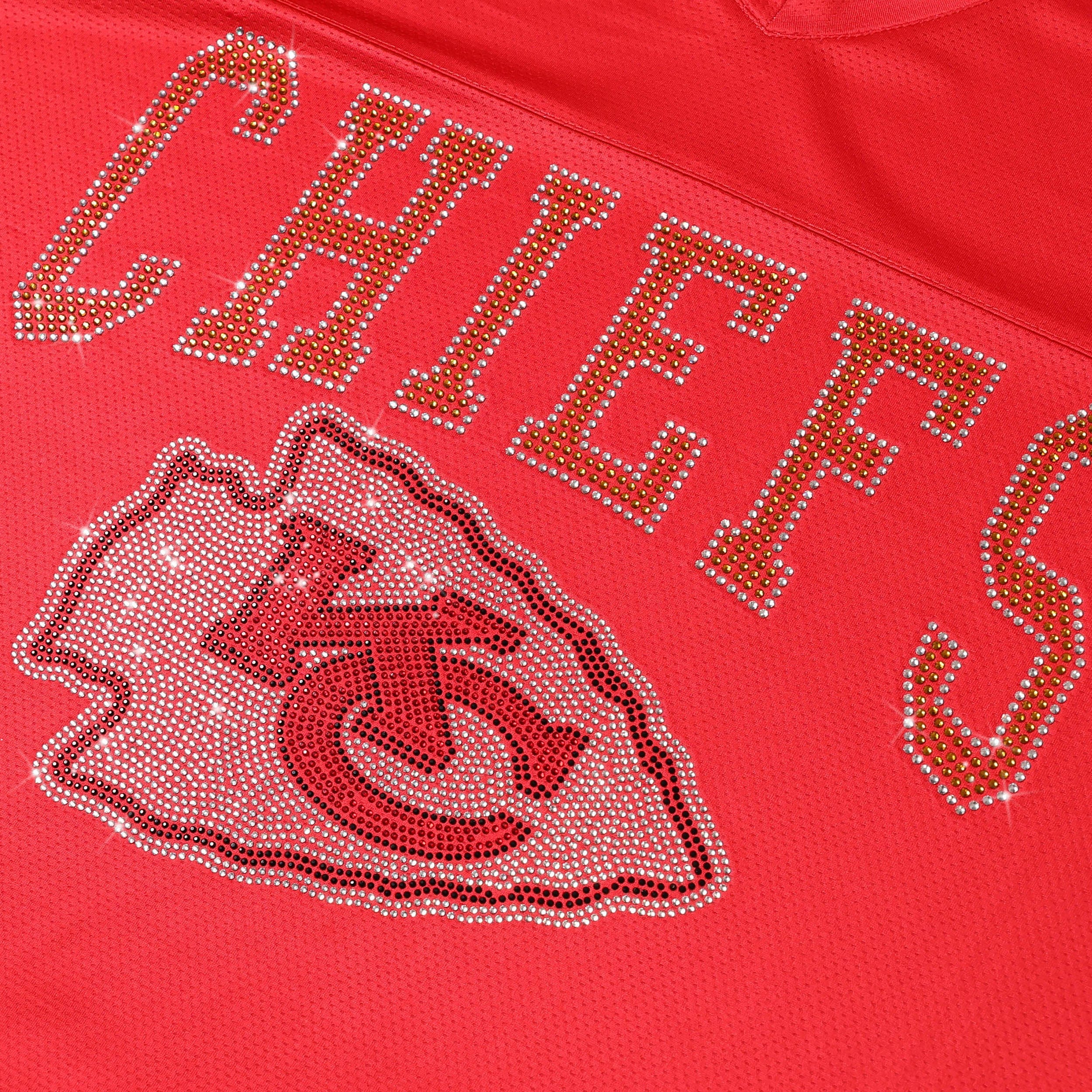 Kansas City Chiefs Womens Rhinestone Logo Oversized V-Neck Mesh T-Shirt - Image 2
