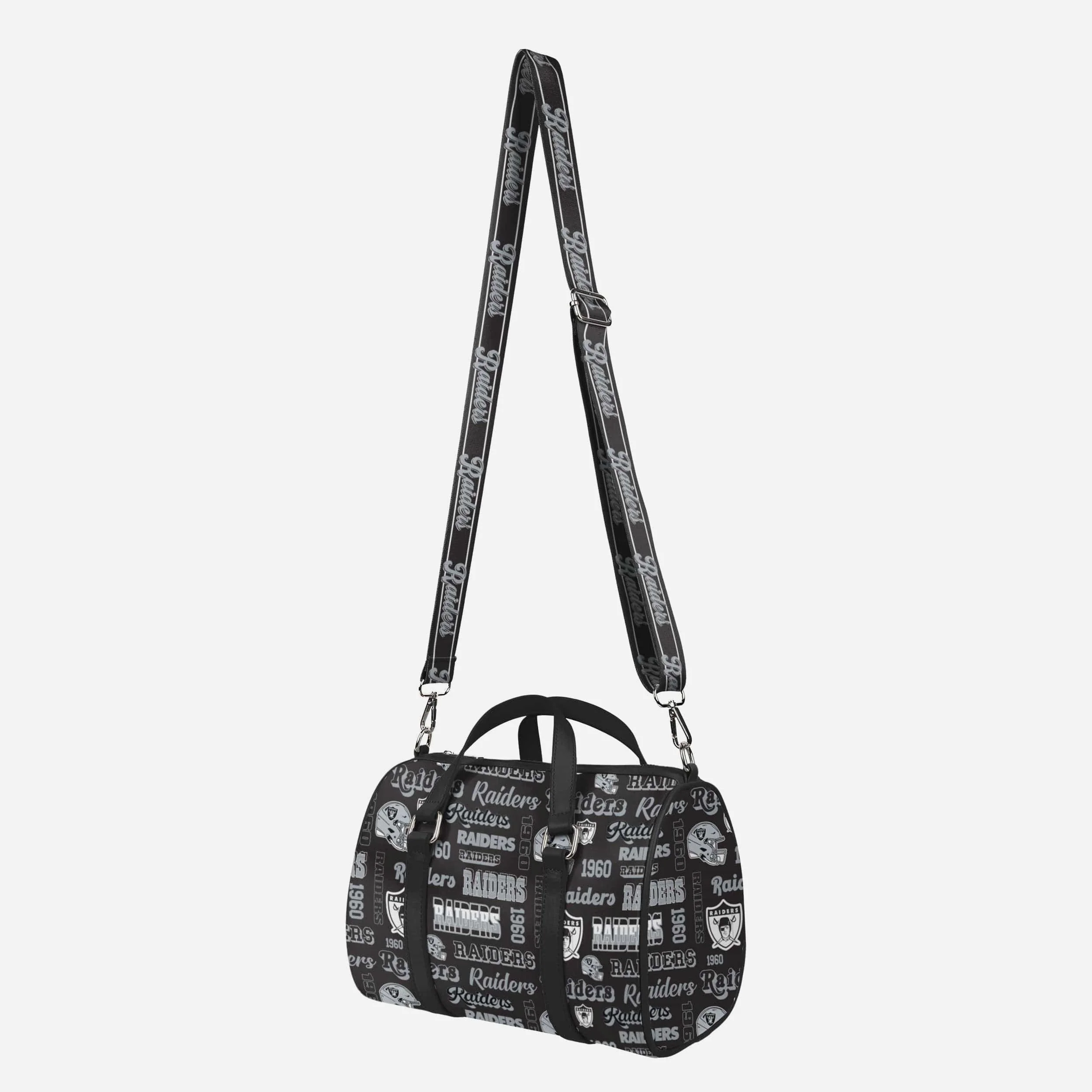 Las Vegas Raiders Repeat Retro Print Nylon Medium Barrel Bag - Image 4