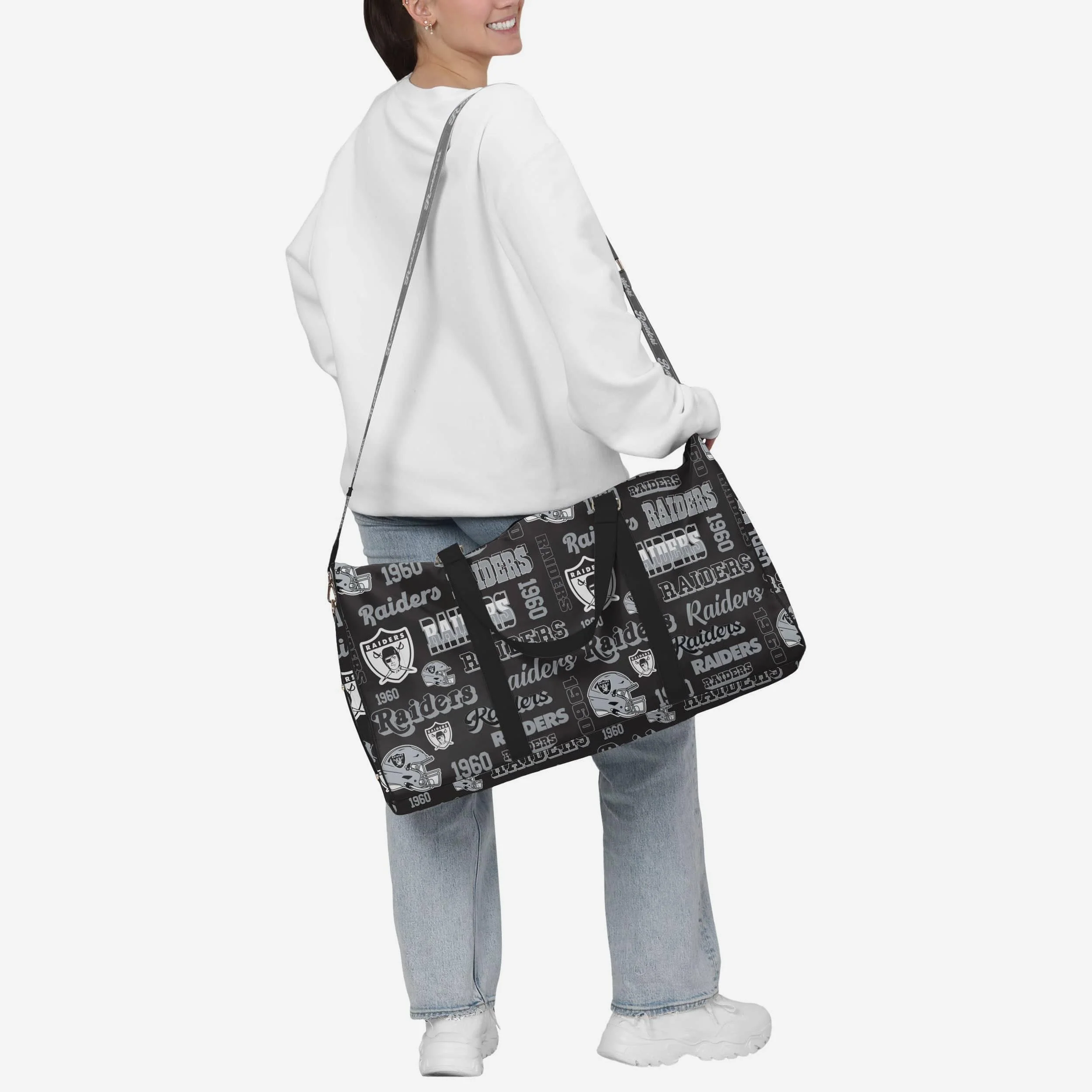 Las Vegas Raiders Repeat Retro Print Nylon Weekender Duffle Bag - Image 3