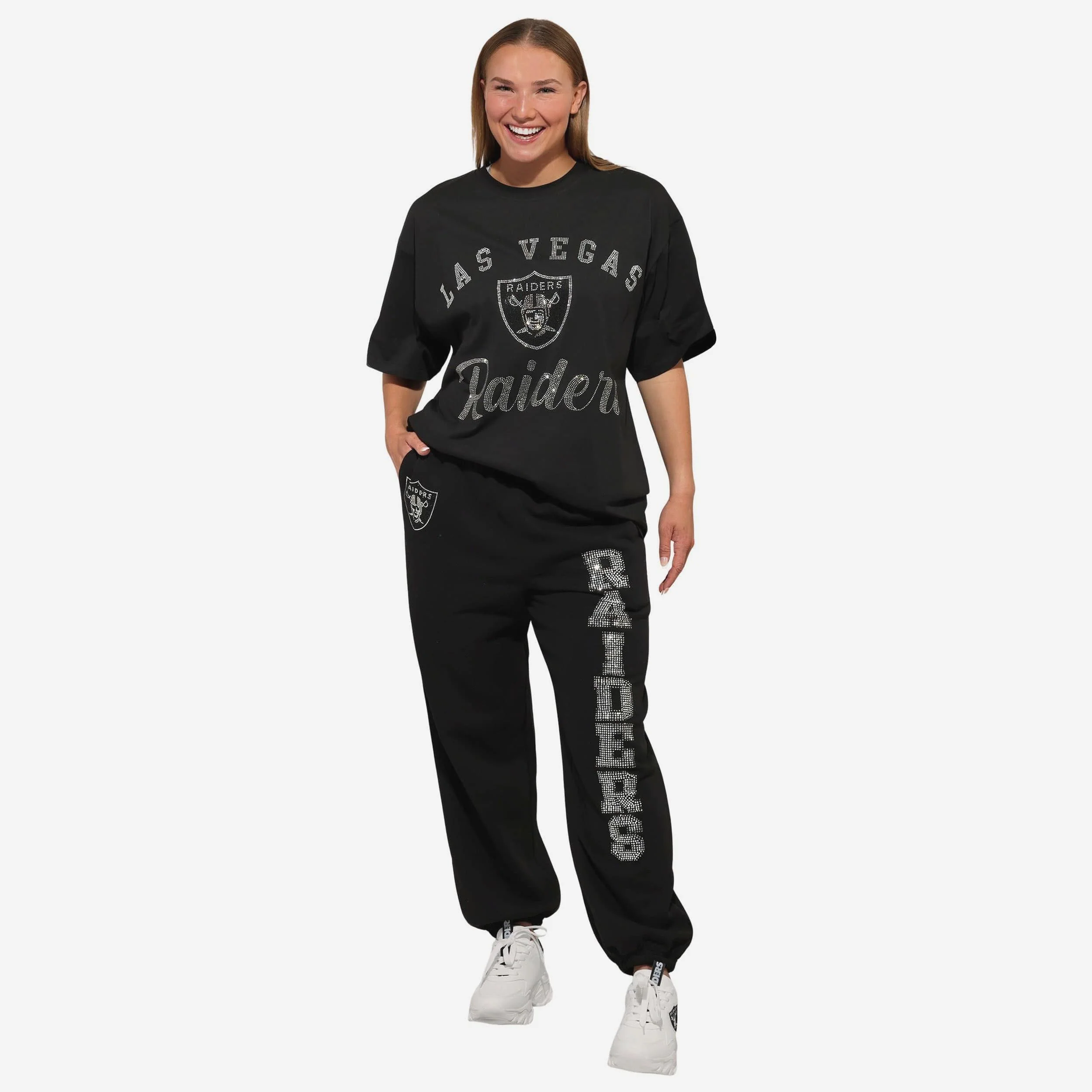 Las Vegas Raiders Womens Big Wordmark Rhinestone Sweatpants - Image 5