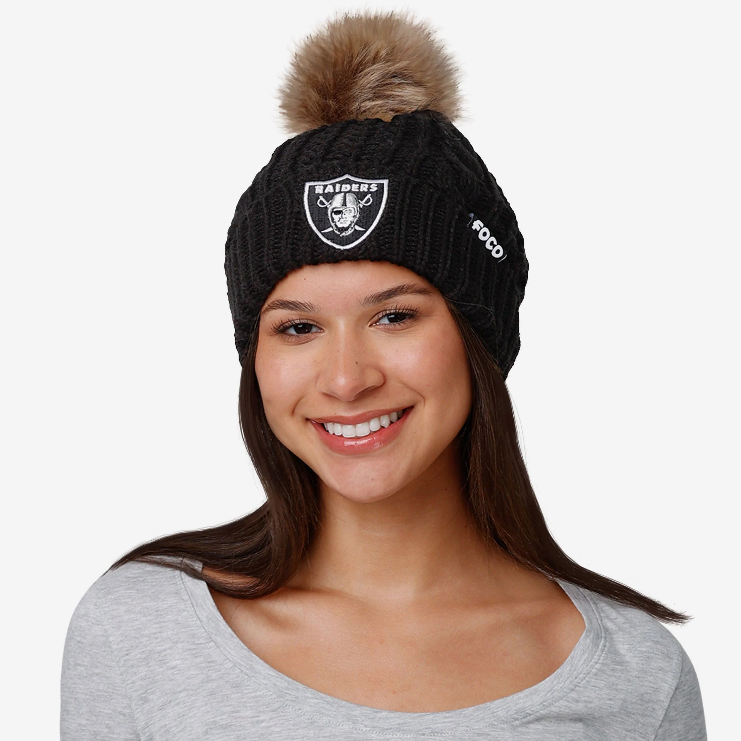 Las Vegas Raiders Womens Faux Fur Pom Beanie - Image 3