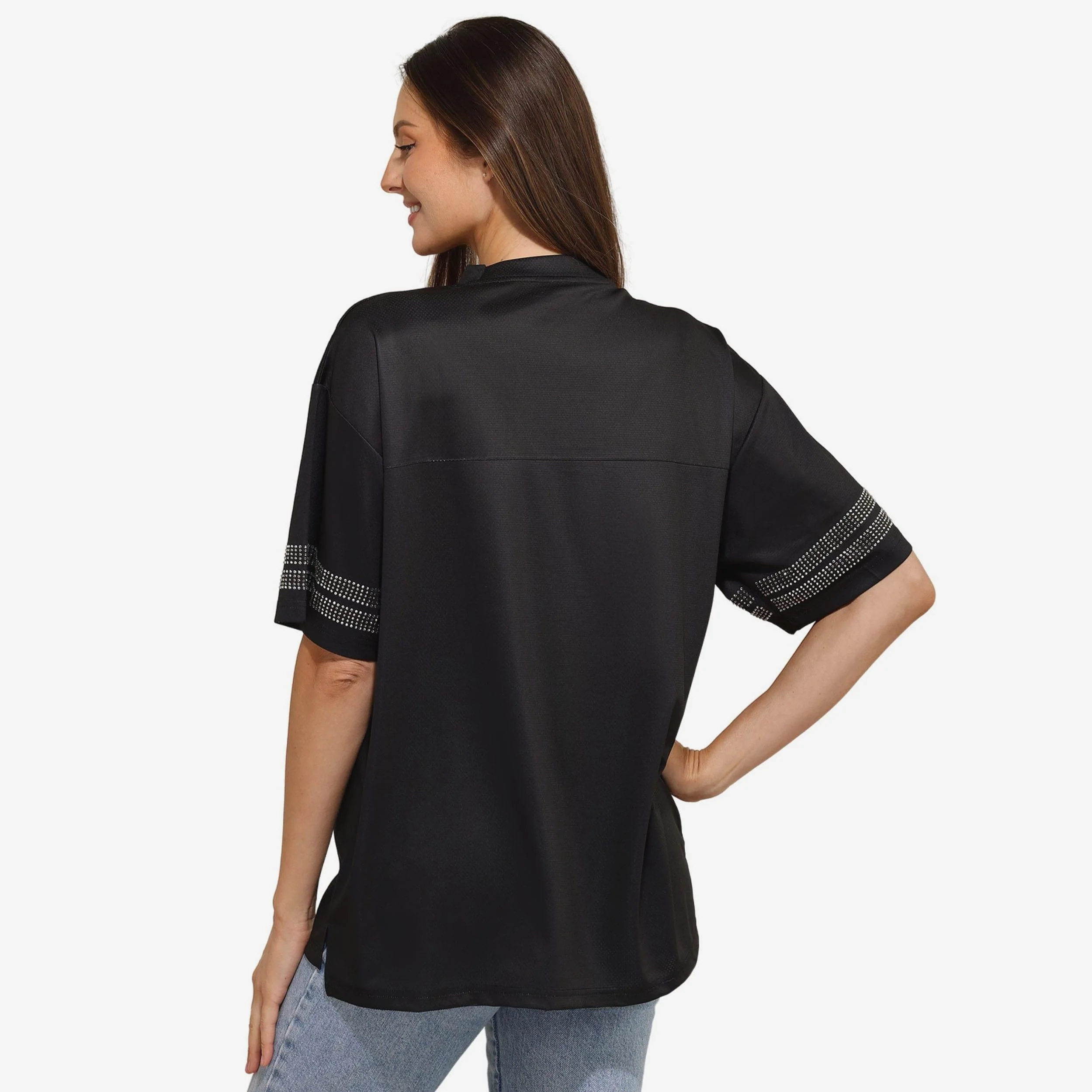 Las Vegas Raiders Womens Rhinestone Logo Oversized V-Neck Mesh T-Shirt - Image 3