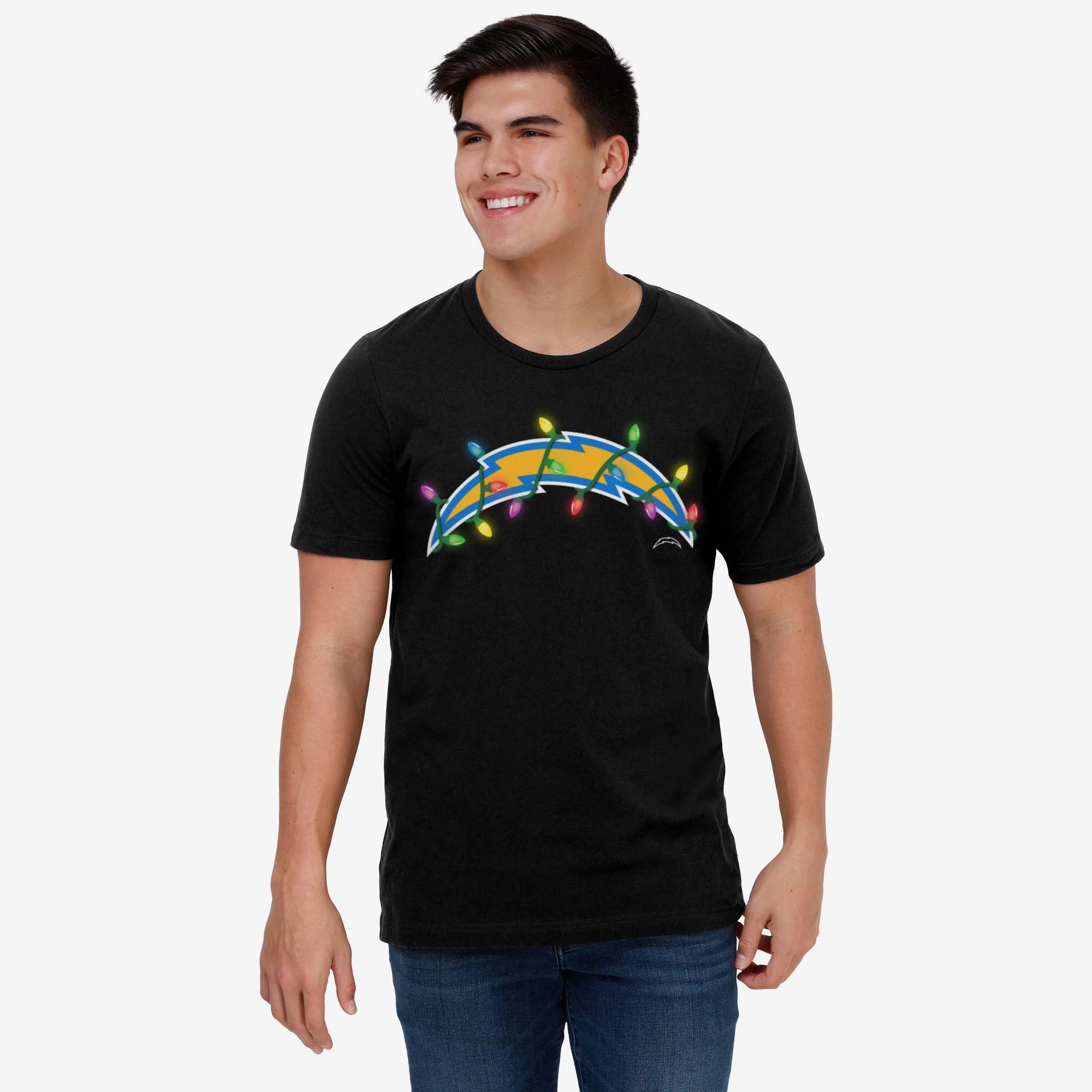 Los Angeles Chargers Primary Logo Holiday Lights T-Shirt - Image 2