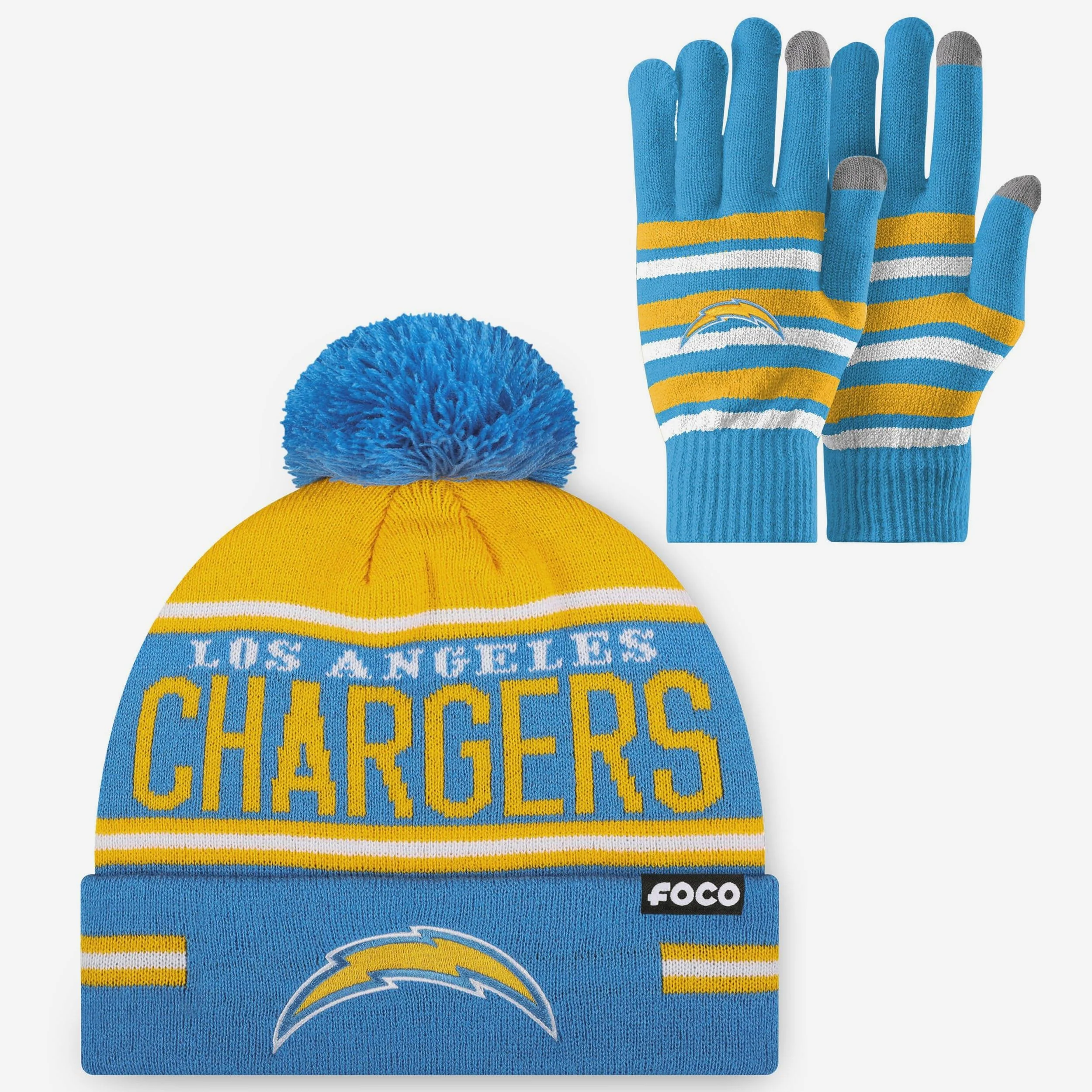 Los Angeles Chargers Stretch Glove & Big Wordmark Stripe Pom Beanie Set