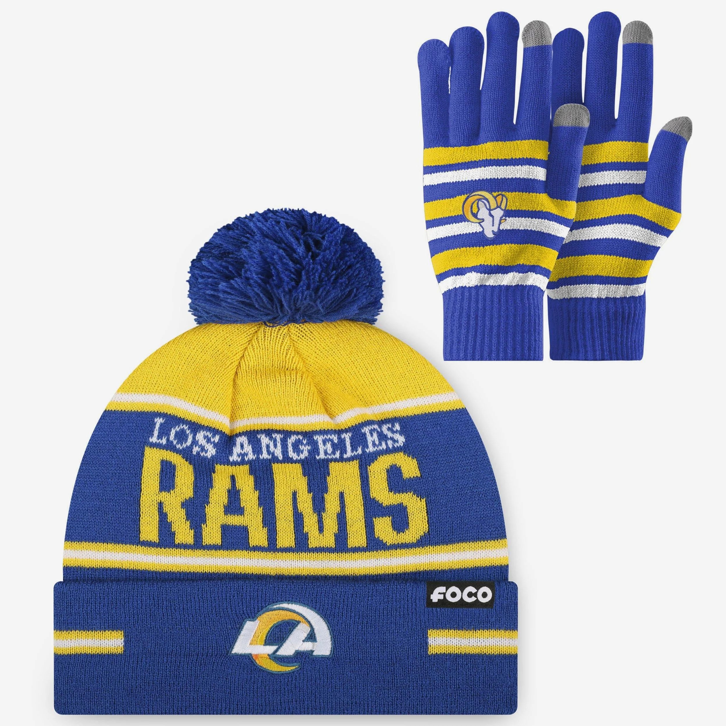 Los Angeles Rams Stretch Glove & Big Wordmark Stripe Pom Beanie Set