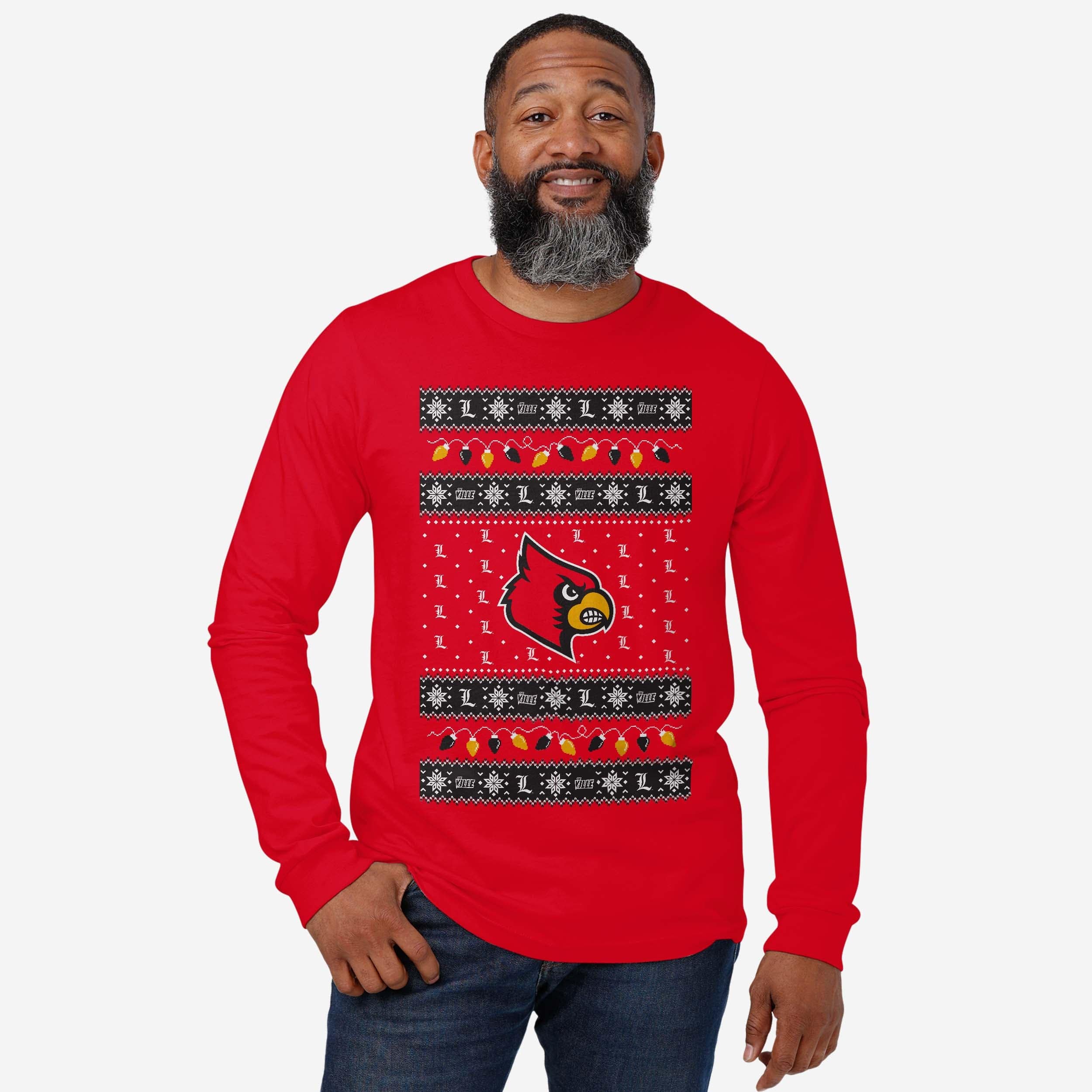 Louisville Cardinals Holiday Lights Sweater Long Sleeve T-Shirt - Image 2