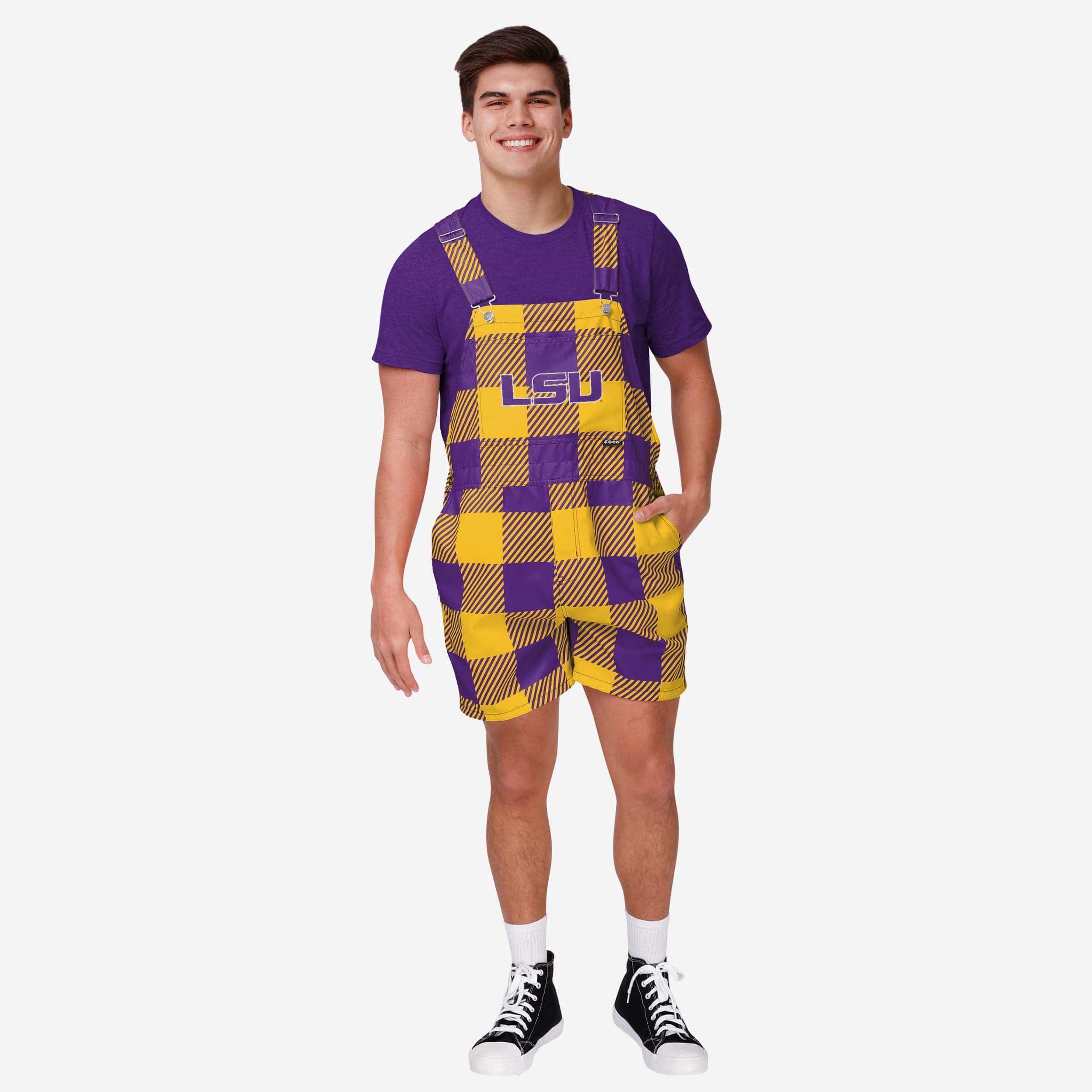 LSU Tigers Mens Plaid Bib Shortalls
