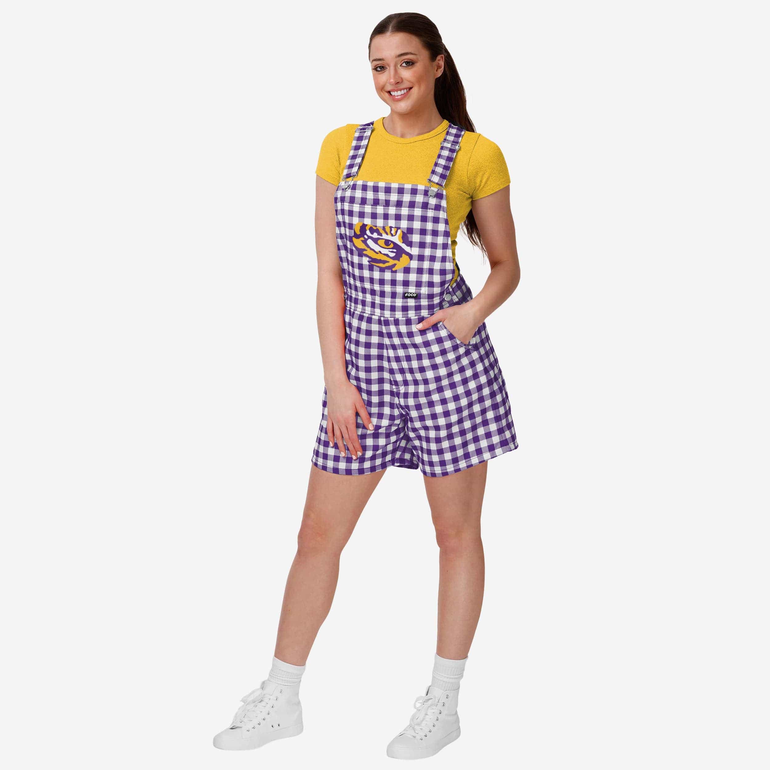 LSU Tigers Womens Gingham Check Bib Shortalls