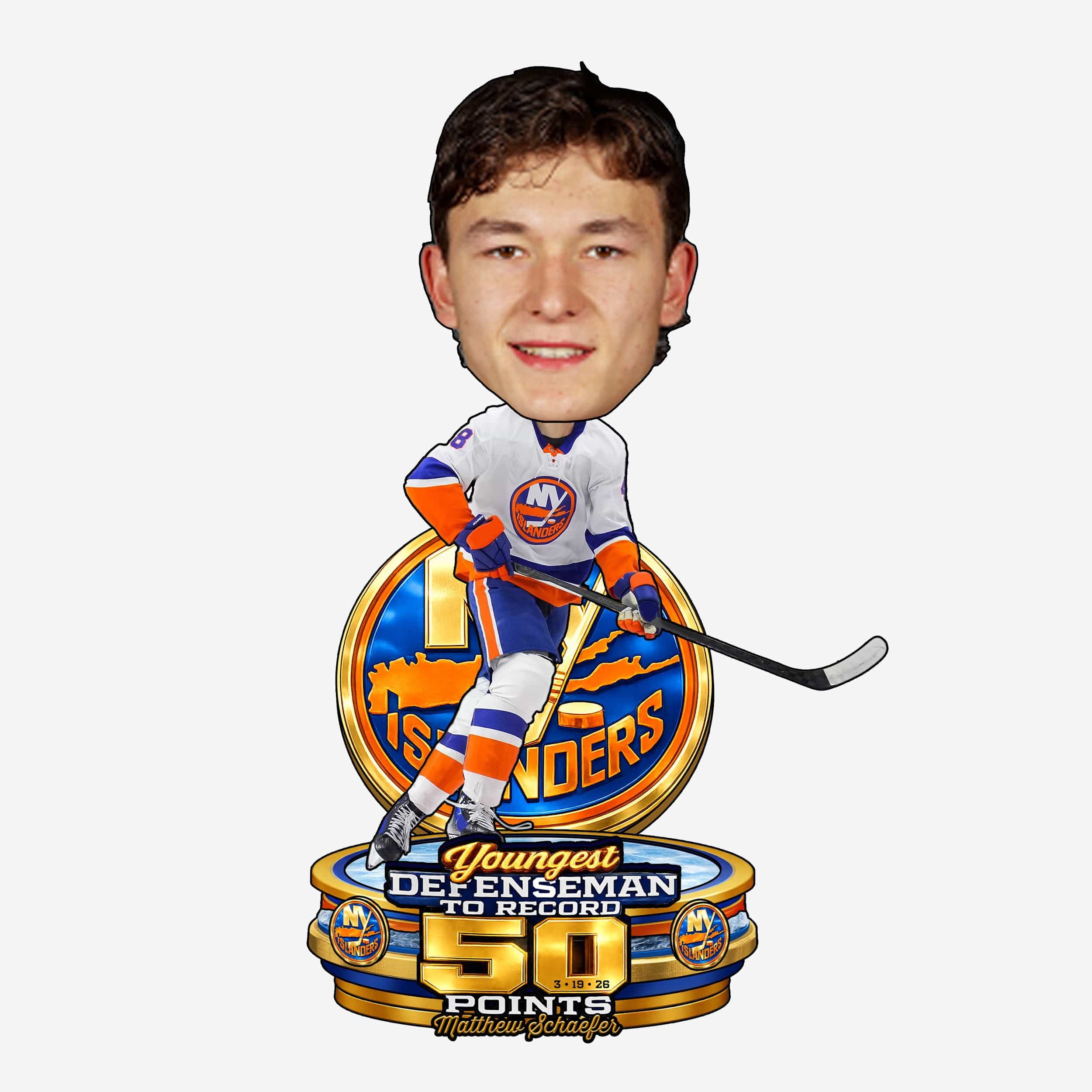 Matthew Schaefer New York Islanders Youngest Defenseman to 50 Points Bobblehead