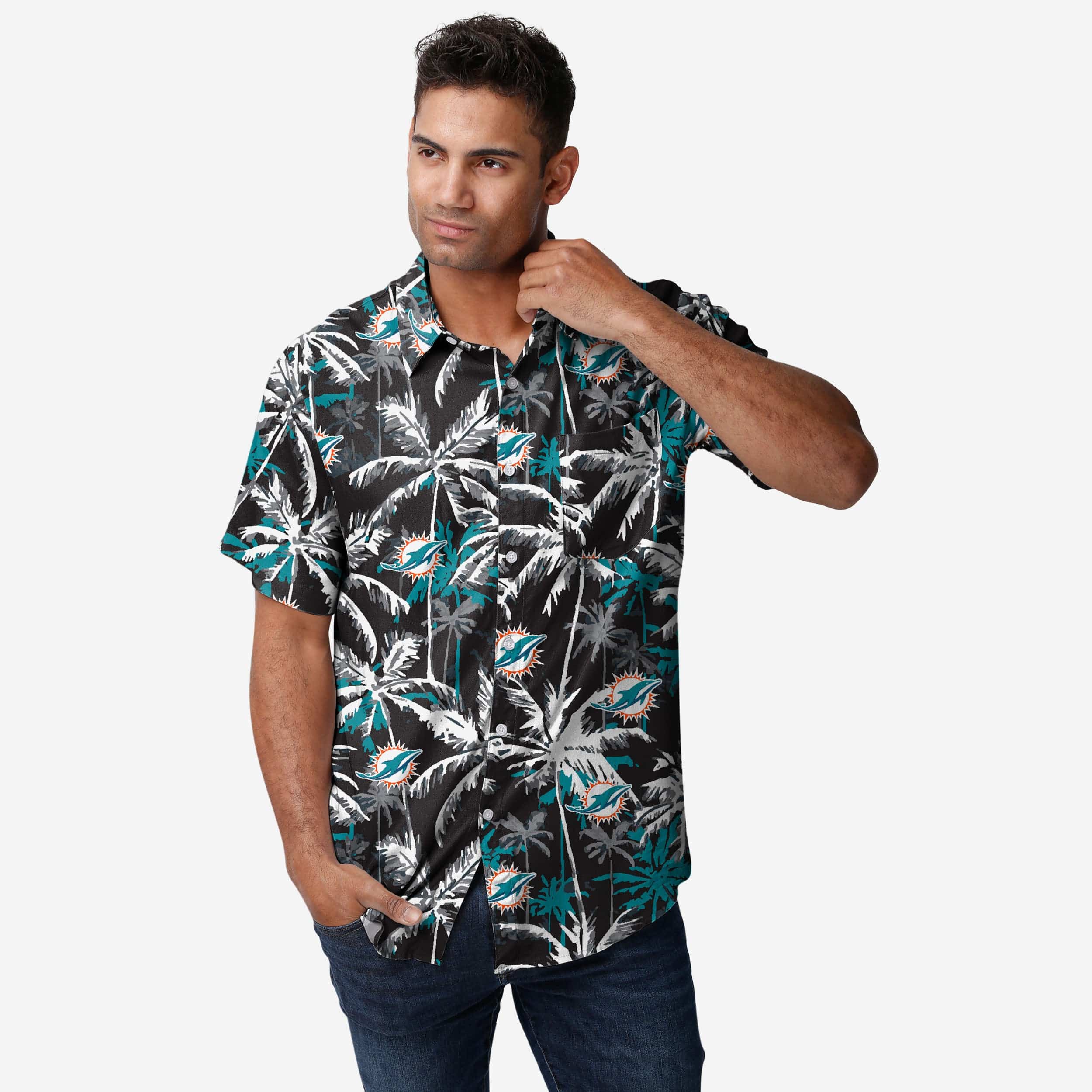 Miami Dolphins Black Floral Button Up Shirt