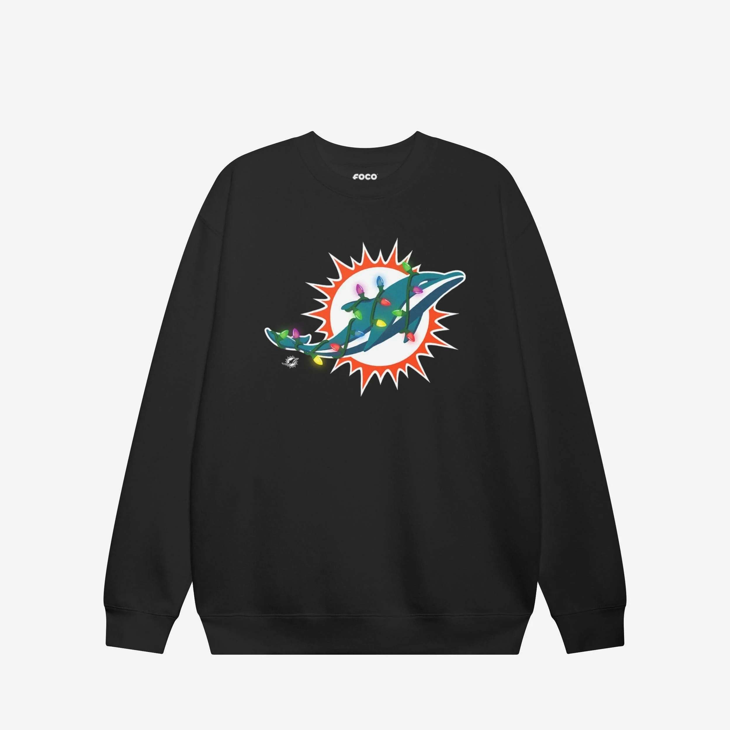 Miami Dolphins Primary Logo Holiday Lights Crew Neck Sweatshirt