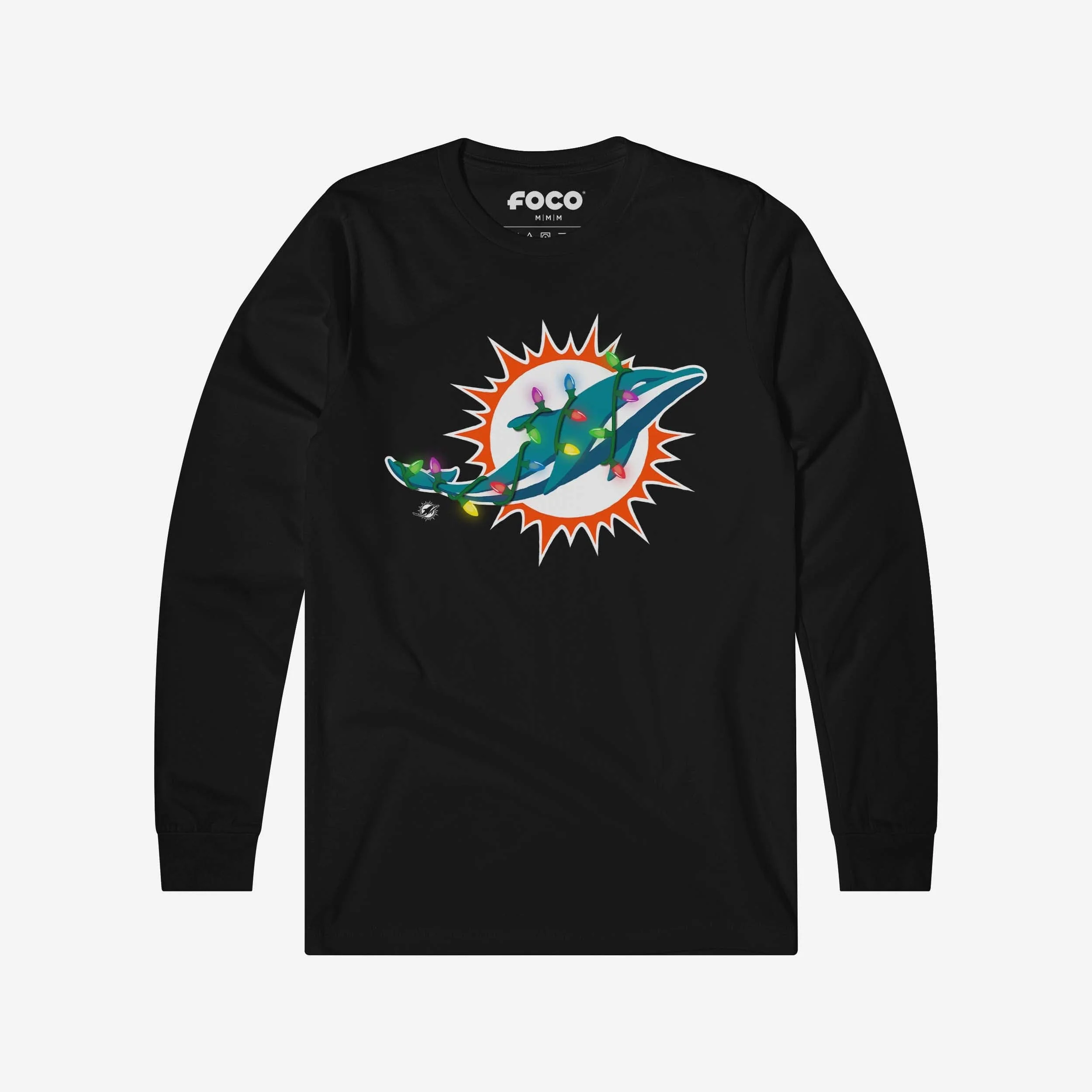 Miami Dolphins Primary Logo Holiday Lights Long Sleeve T-Shirt