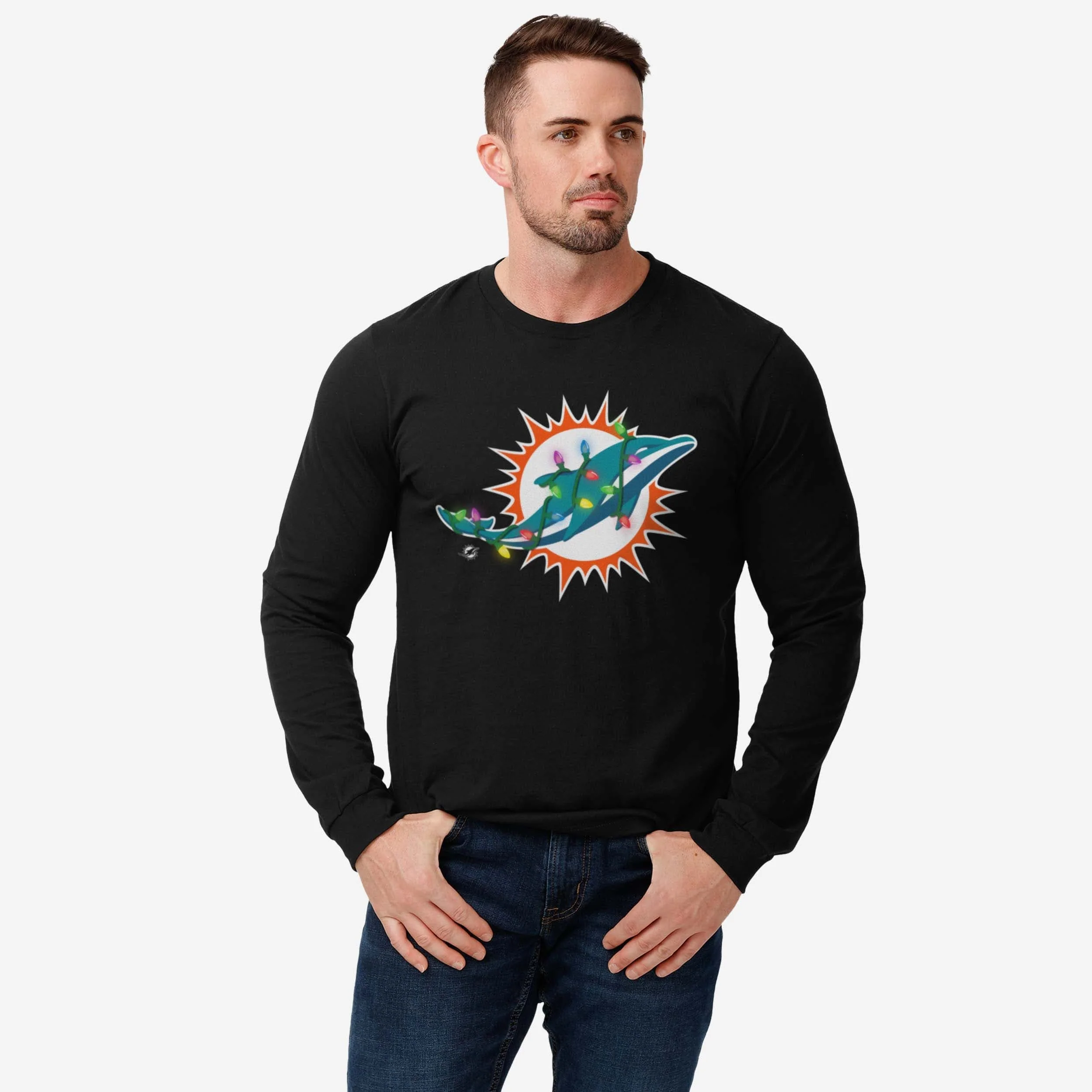 Miami Dolphins Primary Logo Holiday Lights Long Sleeve T-Shirt - Image 2